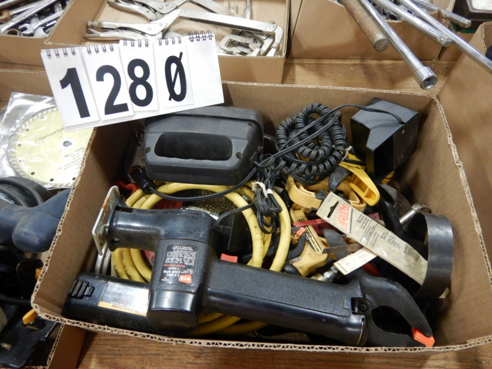 ASSORTED HAND TOOLS, CHALK LINE, TAPE MEASURES, BAR CLAMPS, HAMMER ETC