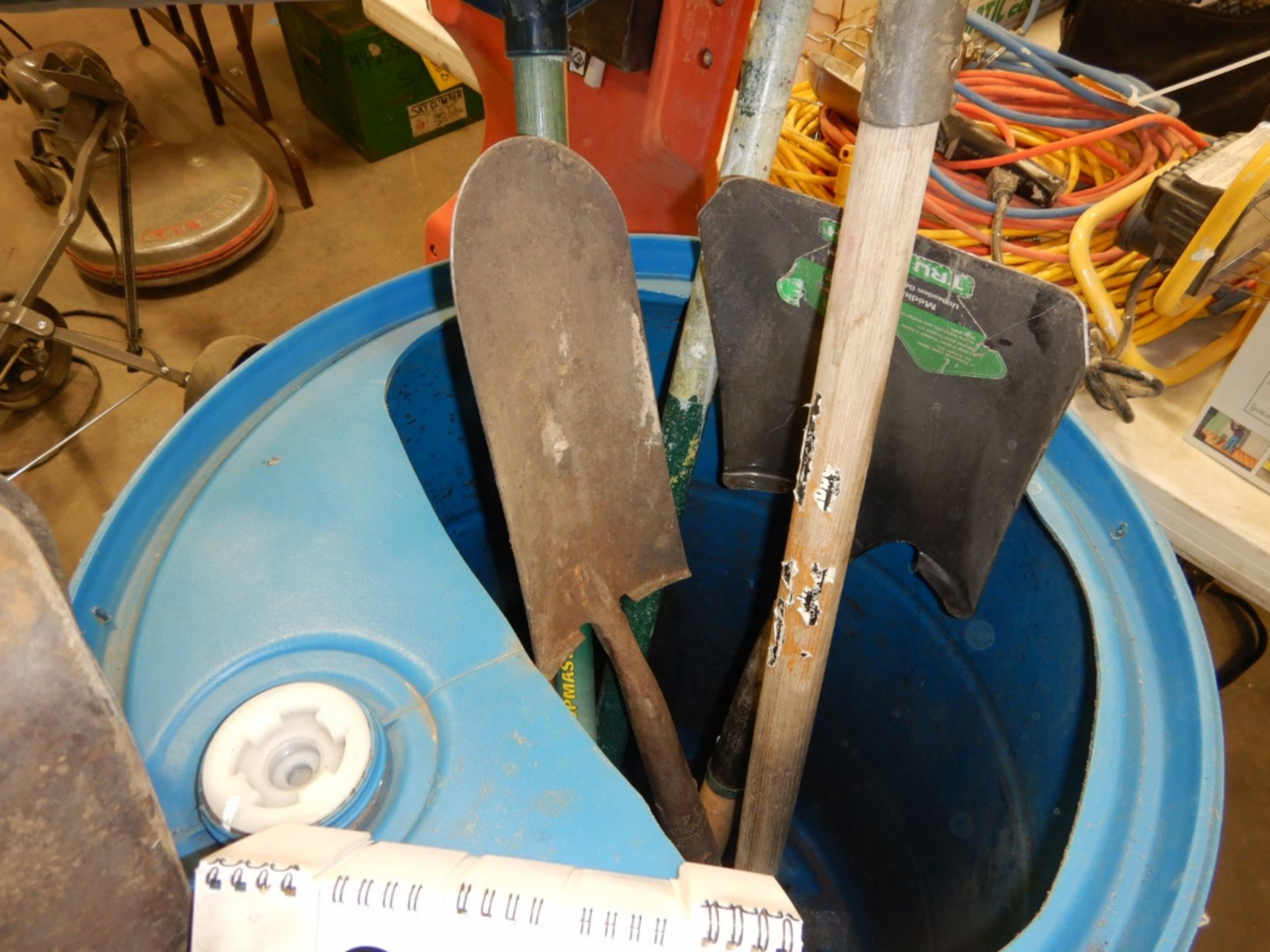 BARREL OF PUSH BROOM, SHOVELS, POST HOLE DIGGER, ETC - Image 2 of 3