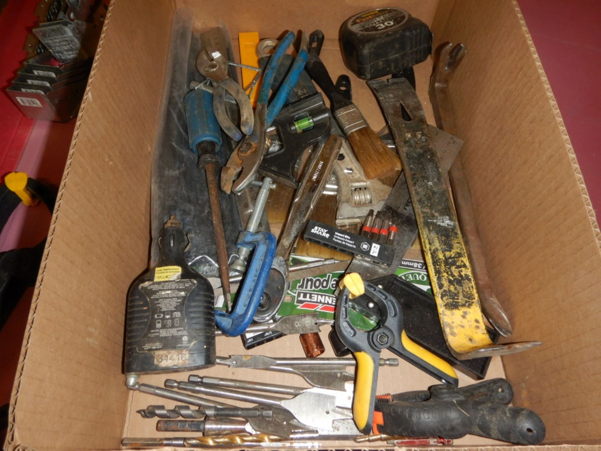 L/O ASSORTED CARPENTER TOOLS, HAND CLAMPS, DRILL BITS, SCREW DRIVER BITS, TAPE MEASURES, CORDS, - Image 2 of 3