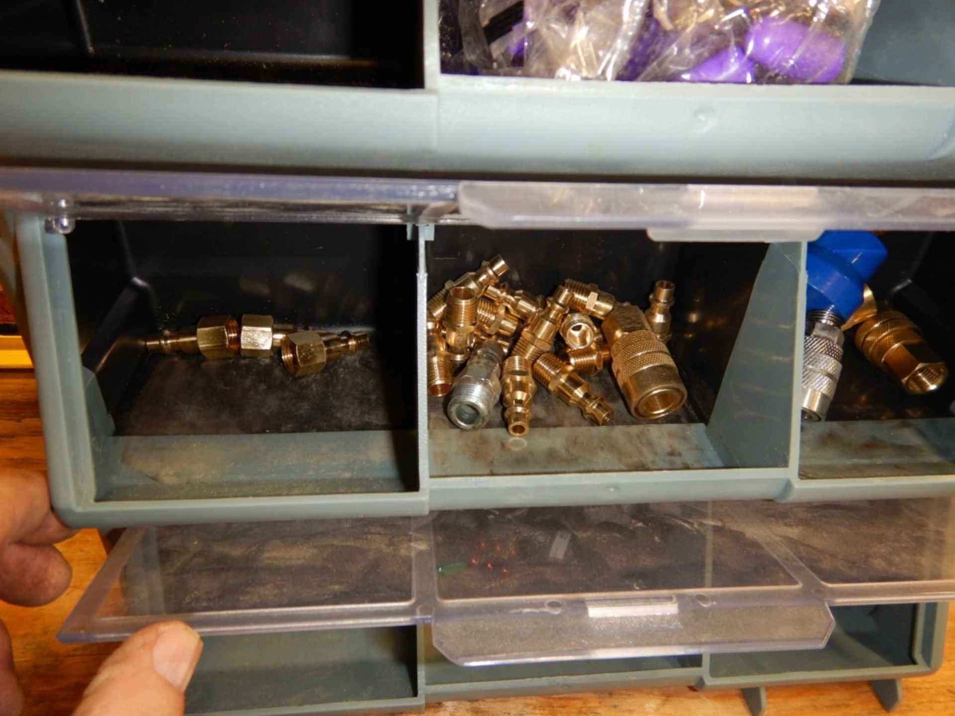 HARDWARE ORGANIZING TRAY W/AIR FITTINGS, SCREW DRIVER BITS, ETC, METAL HARDWARE TRAY W/CARPENTERS - Image 5 of 8