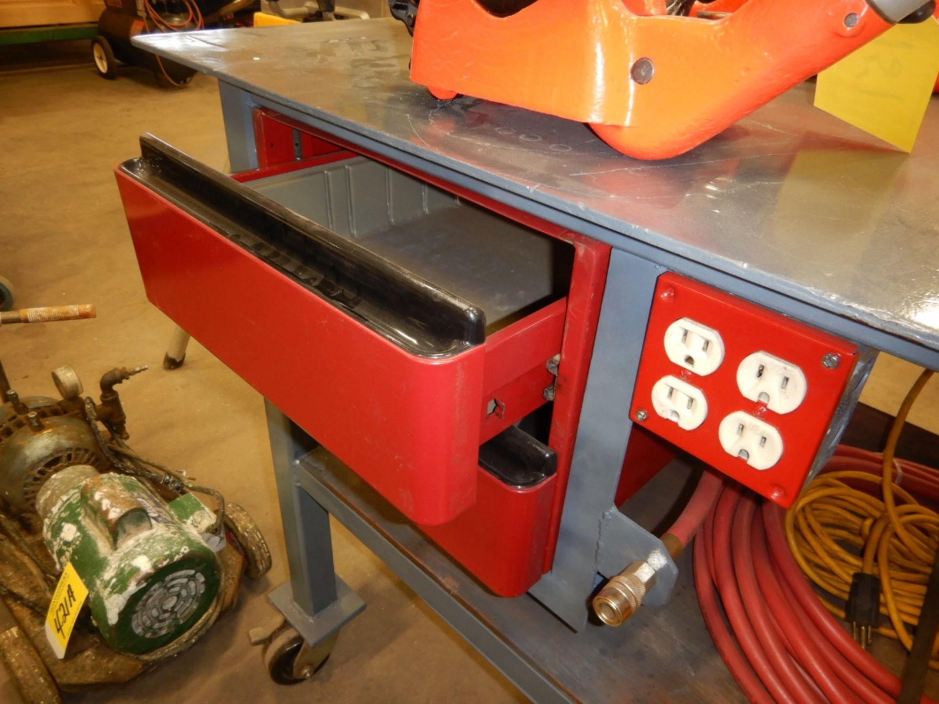 36"X96" STEEL WORK BENCH W/CASTORS, BACKSPLASH, ERON HD 6" VICE, W/WISSOTA 6" BENCH GRINDER, AIR - Image 6 of 8