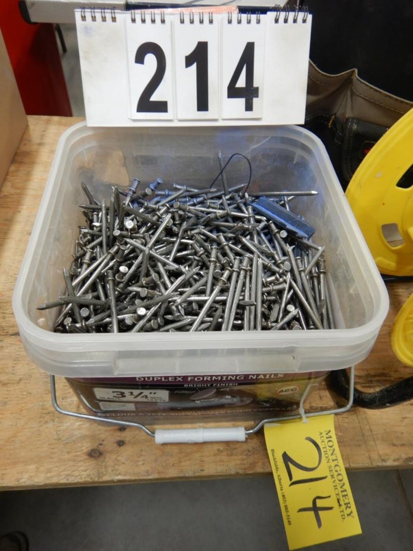 KUNYS TOOL PAIL, 3 1/4" DUPLEX FORMING NAILS, 1 1/4" DRYWALL SCREWS, 2-6" POST TO BEAM CONNECTORS,