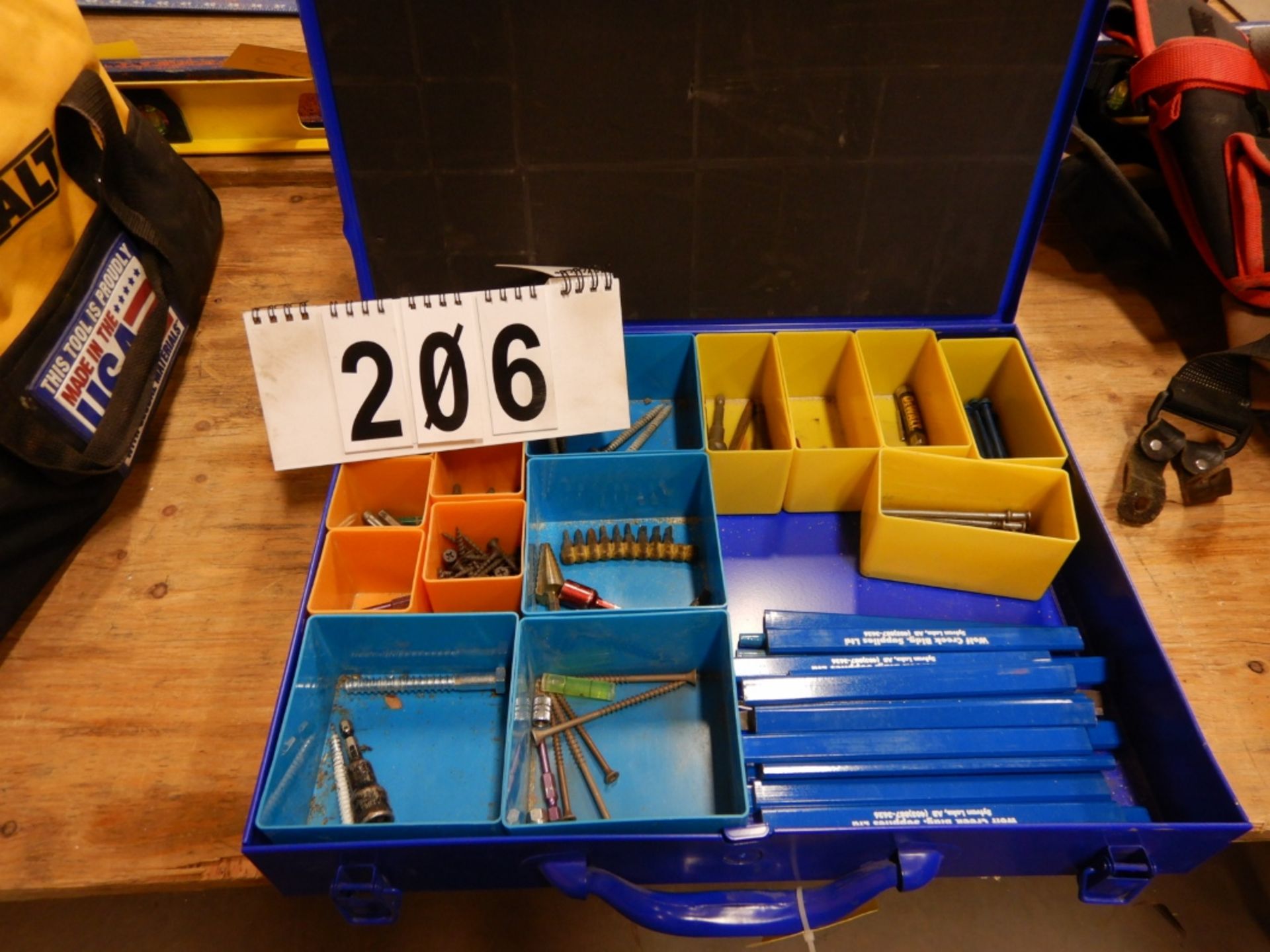 HARDWARE ORGANIZING TRAY W/AIR FITTINGS, SCREW DRIVER BITS, ETC, METAL HARDWARE TRAY W/CARPENTERS - Image 7 of 8