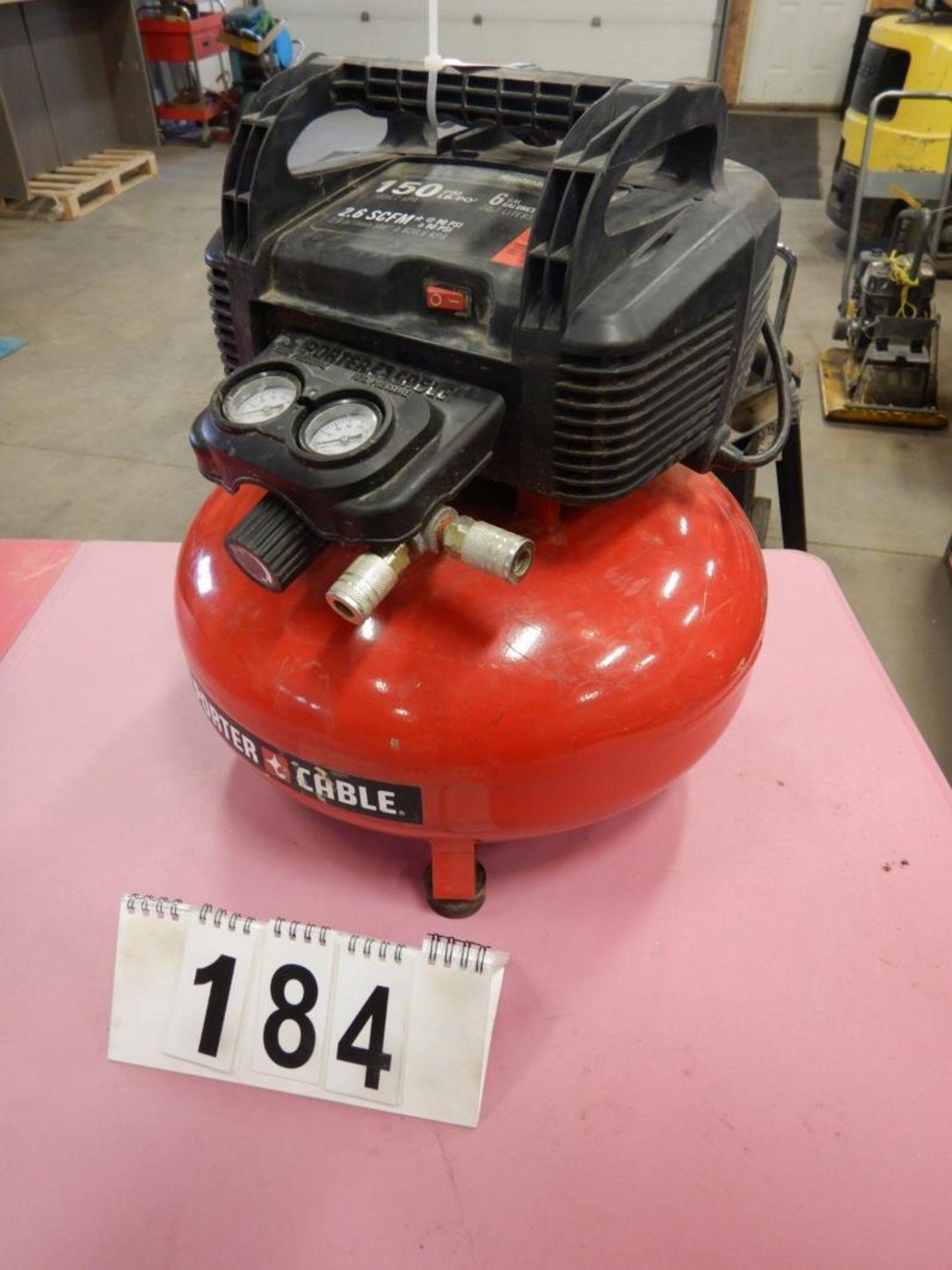 PORTER CABLE PANCAKE JOBSITE AIR COMPRESSOR 150 PSO, 6 GAL, 110V, S/N 2963027856