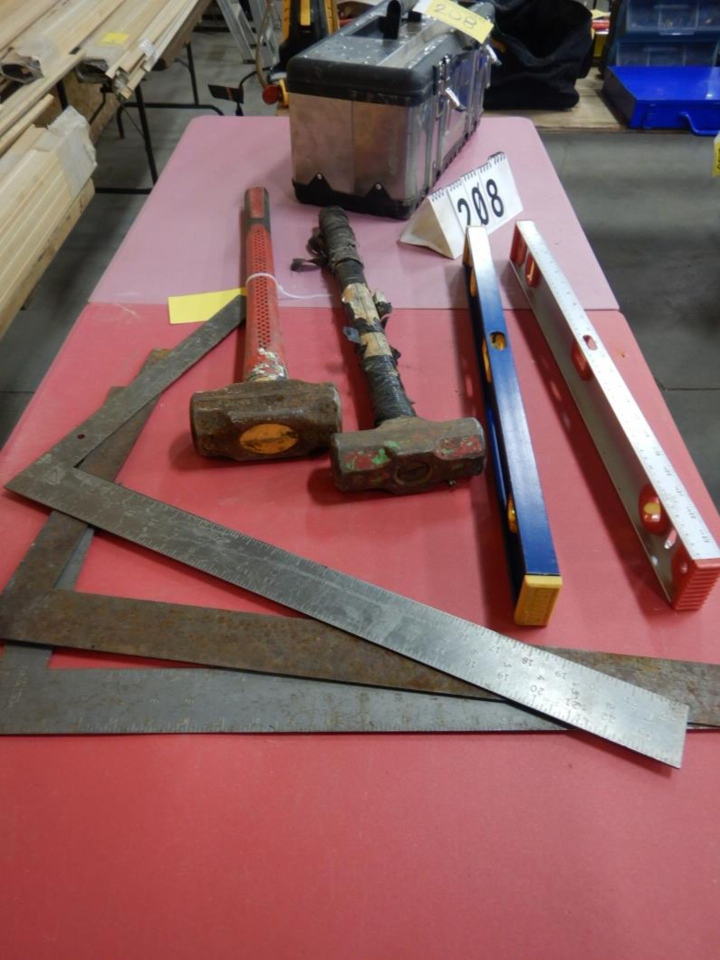 2-SHORT HANDLED STEEL MALLETS, CARPENTER SQUARES, CARPENTER LEVELS, TOOL BOX, & ROLLER STAND