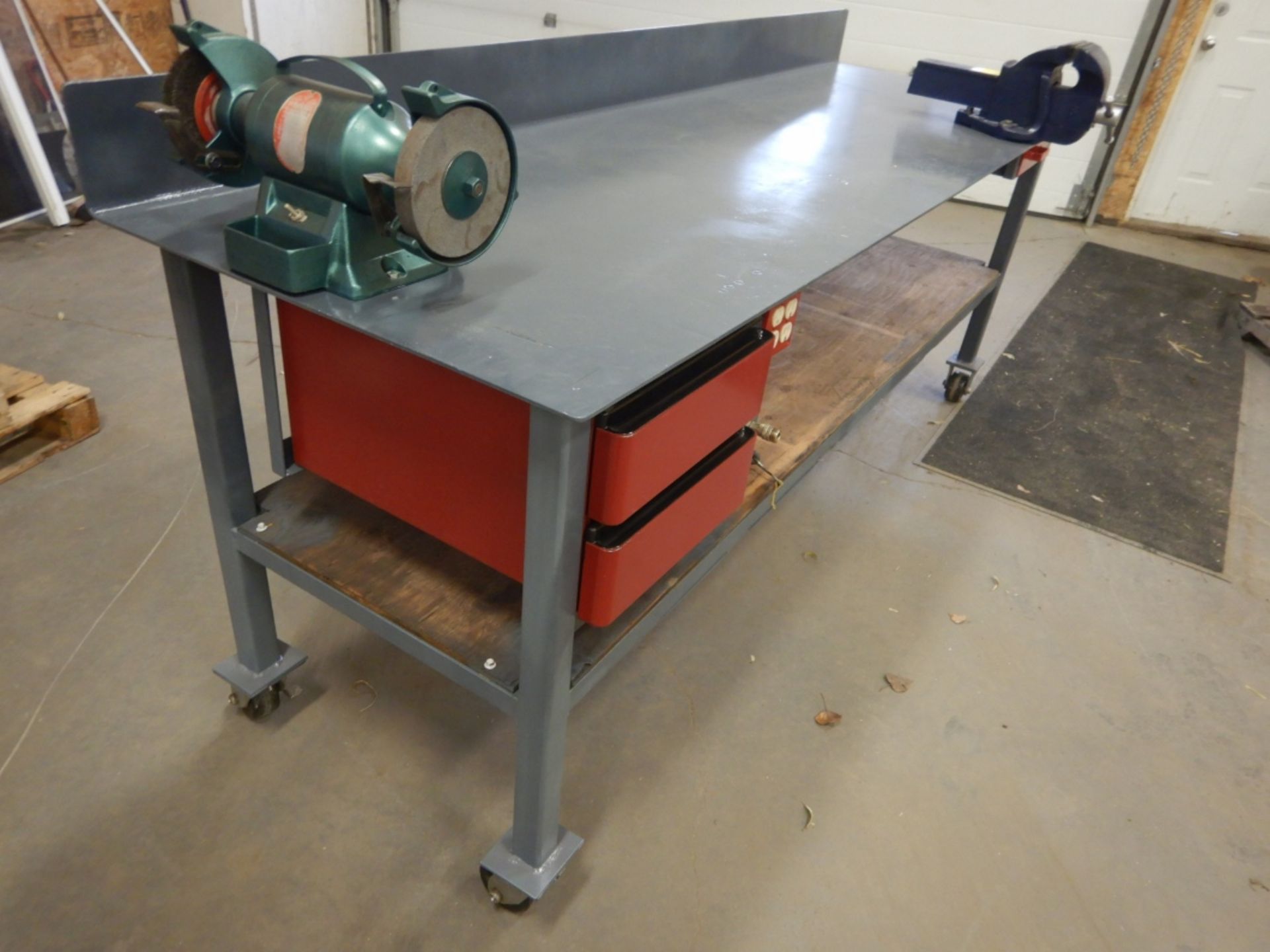 36"X96" STEEL WORK BENCH W/CASTORS, BACKSPLASH, ERON HD 6" VICE, W/WISSOTA 6" BENCH GRINDER, AIR - Image 2 of 8