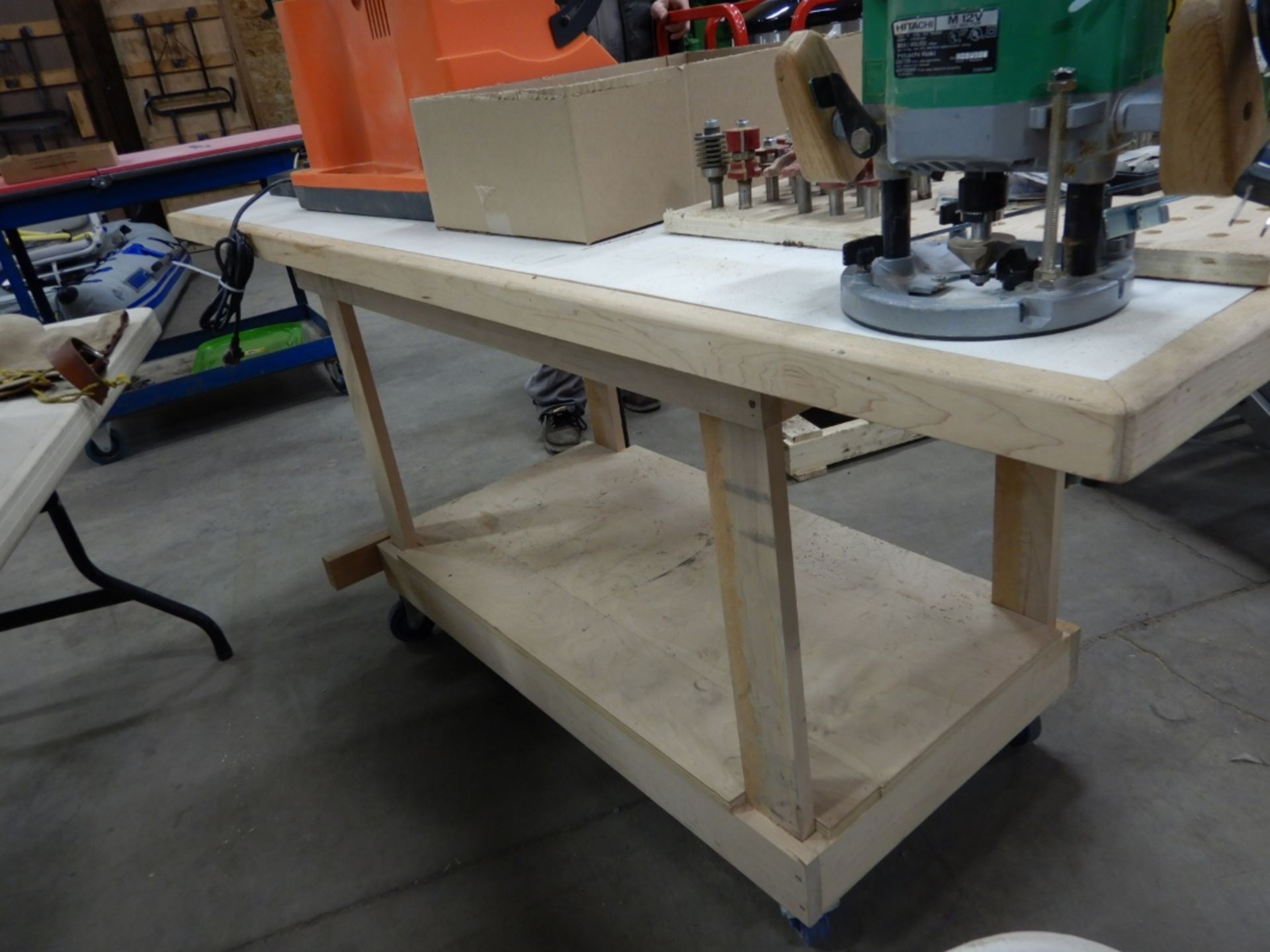 8FT WOOD WORKERS TABLE W/WOOD CLAMPING VISE, CASTORS - Image 2 of 2