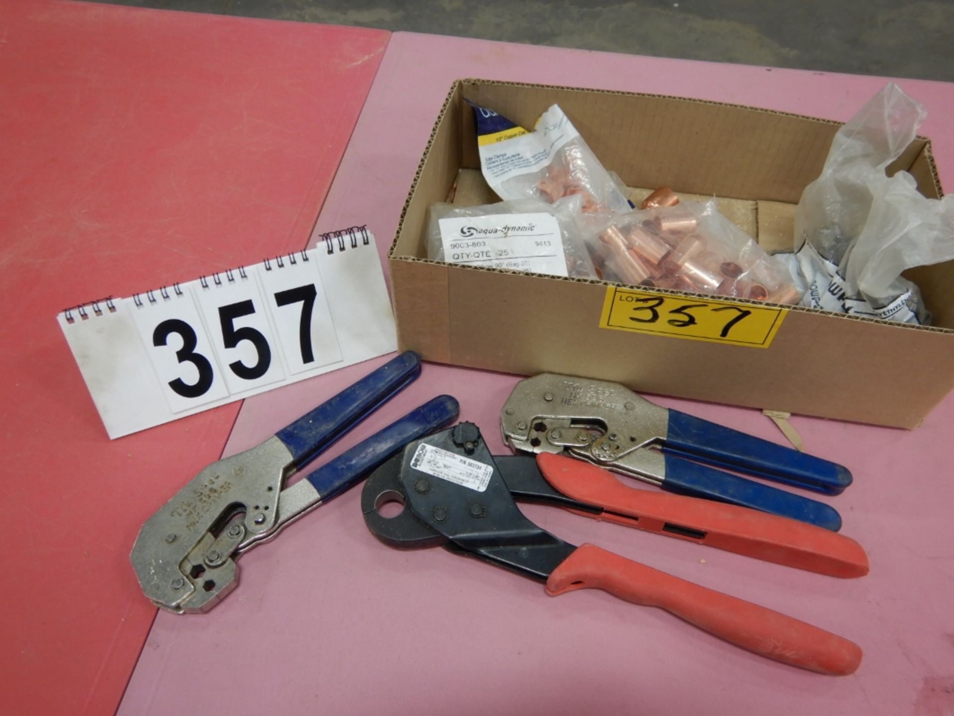 SET OF BOW 563734 PEX CRIMPING TOOL, 2-TYU SPEC HX596 HEX CRIMPER, ASSORTED BOWPEX CRIMP RINGS,