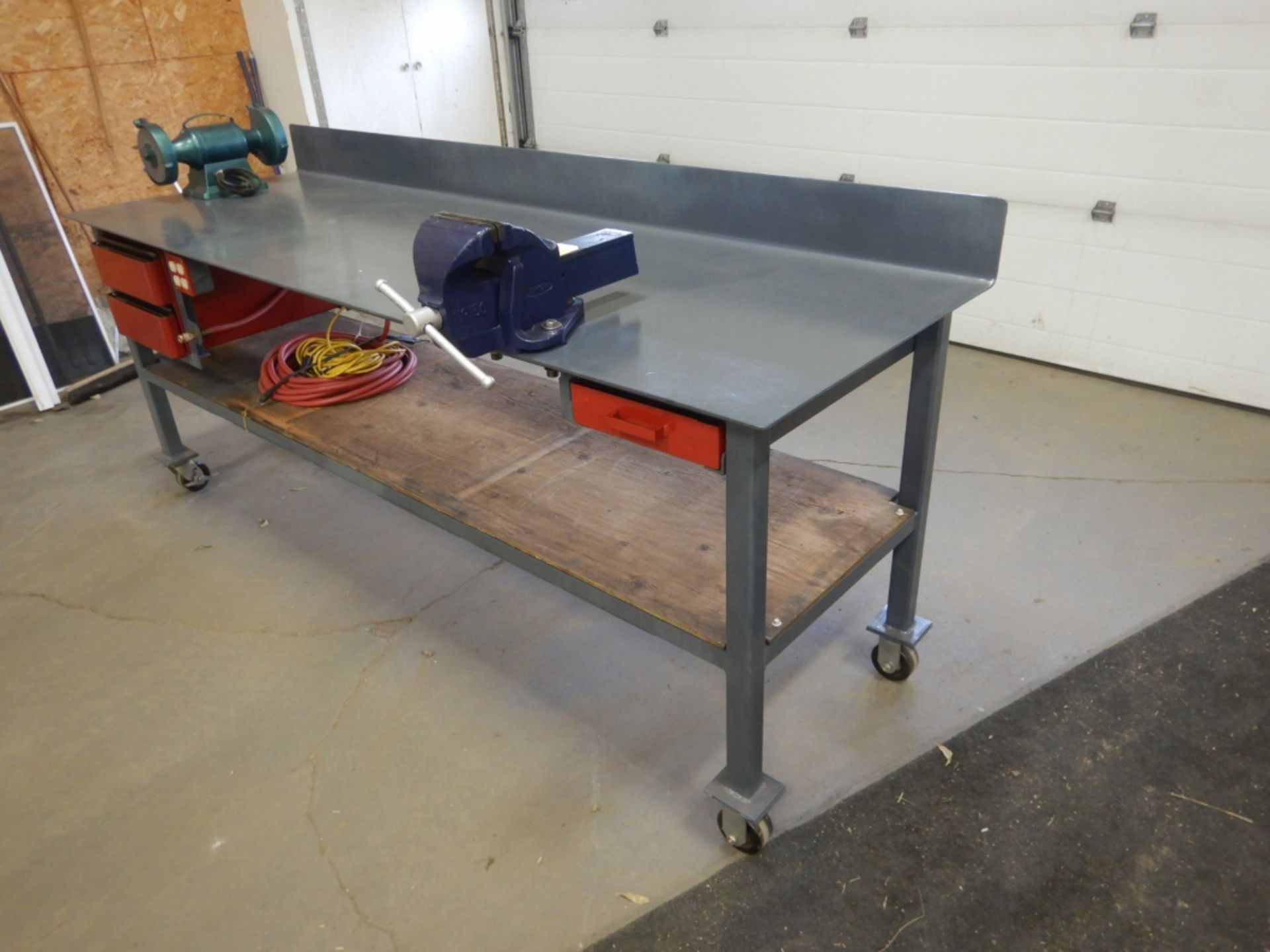 36"X96" STEEL WORK BENCH W/CASTORS, BACKSPLASH, ERON HD 6" VICE, W/WISSOTA 6" BENCH GRINDER, AIR