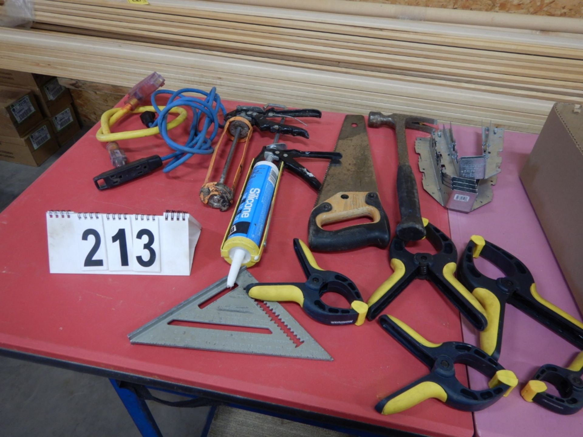 L/O ASSORTED CARPENTER TOOLS, HAND CLAMPS, DRILL BITS, SCREW DRIVER BITS, TAPE MEASURES, CORDS,