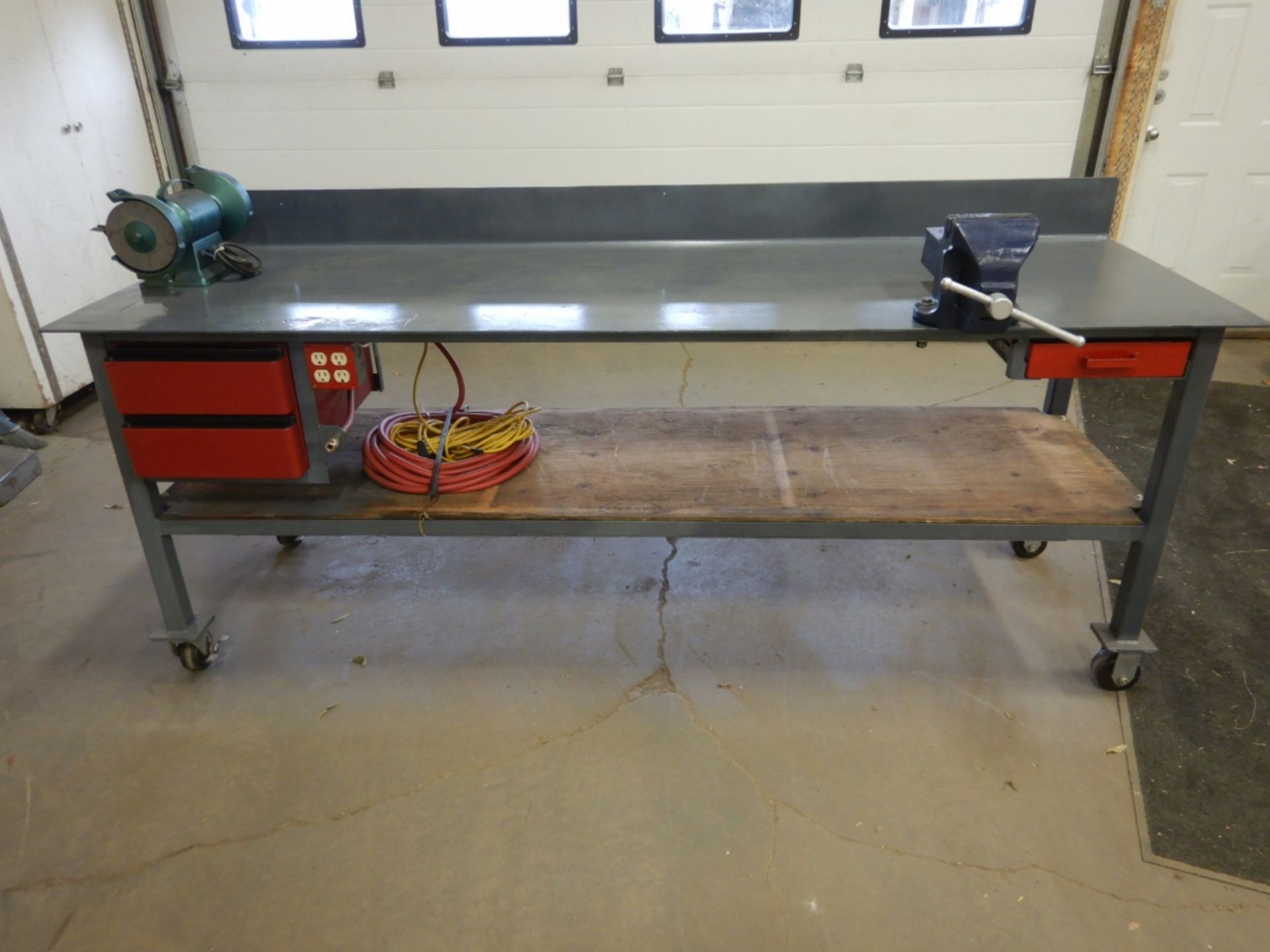 36"X96" STEEL WORK BENCH W/CASTORS, BACKSPLASH, ERON HD 6" VICE, W/WISSOTA 6" BENCH GRINDER, AIR - Image 3 of 8