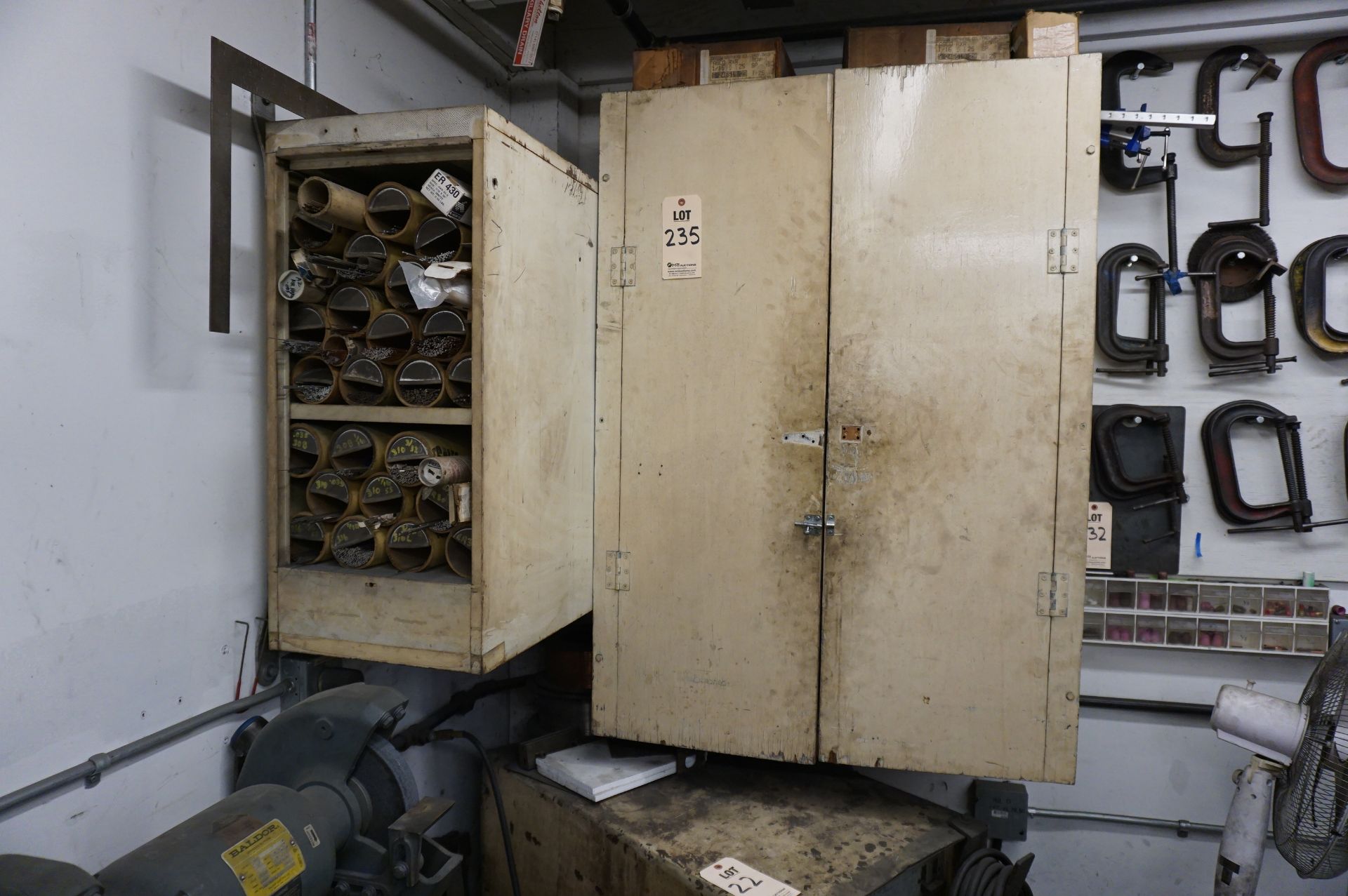 CABINETS WITH MISC. CONTENTS TO WELDING RODS, MASKS, VICTOR PRESSURE GAUGE, WELDING CURTAINS, AND