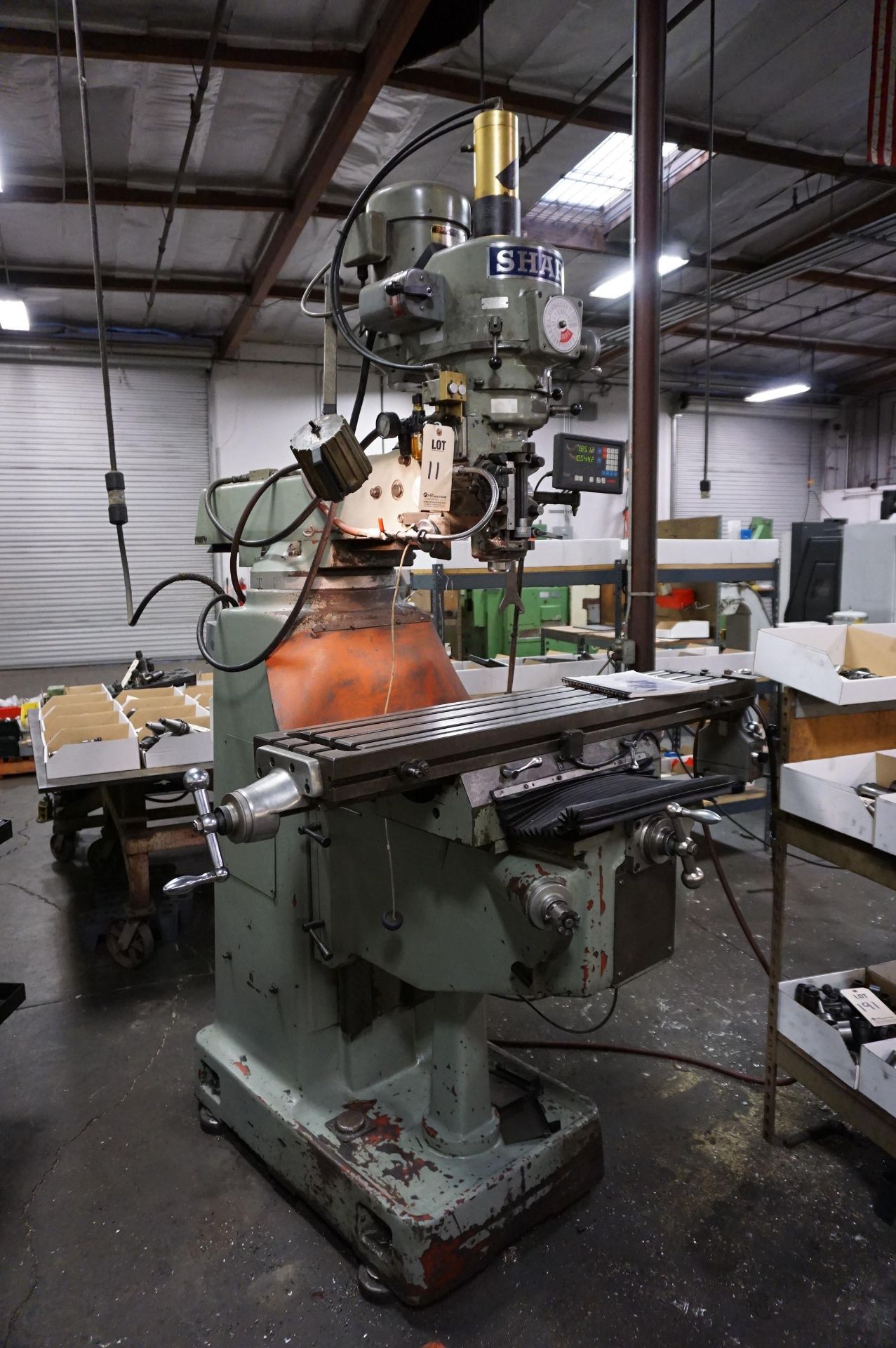 SHARP VERTICAL MILLING MACHINE, 10” x 50” Table, S/N 70200420, with Newall Topaz DRO, with Manual