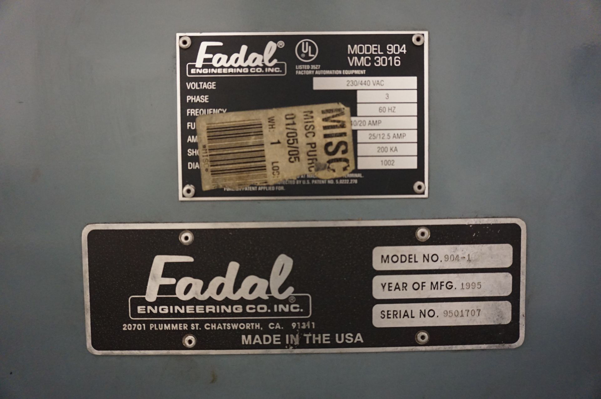 1995 FADAL VERTICAL MACHINING CENTER 3016 HT, S/N 9501703, 3 AXIS, WITH MANUALS - Image 11 of 12