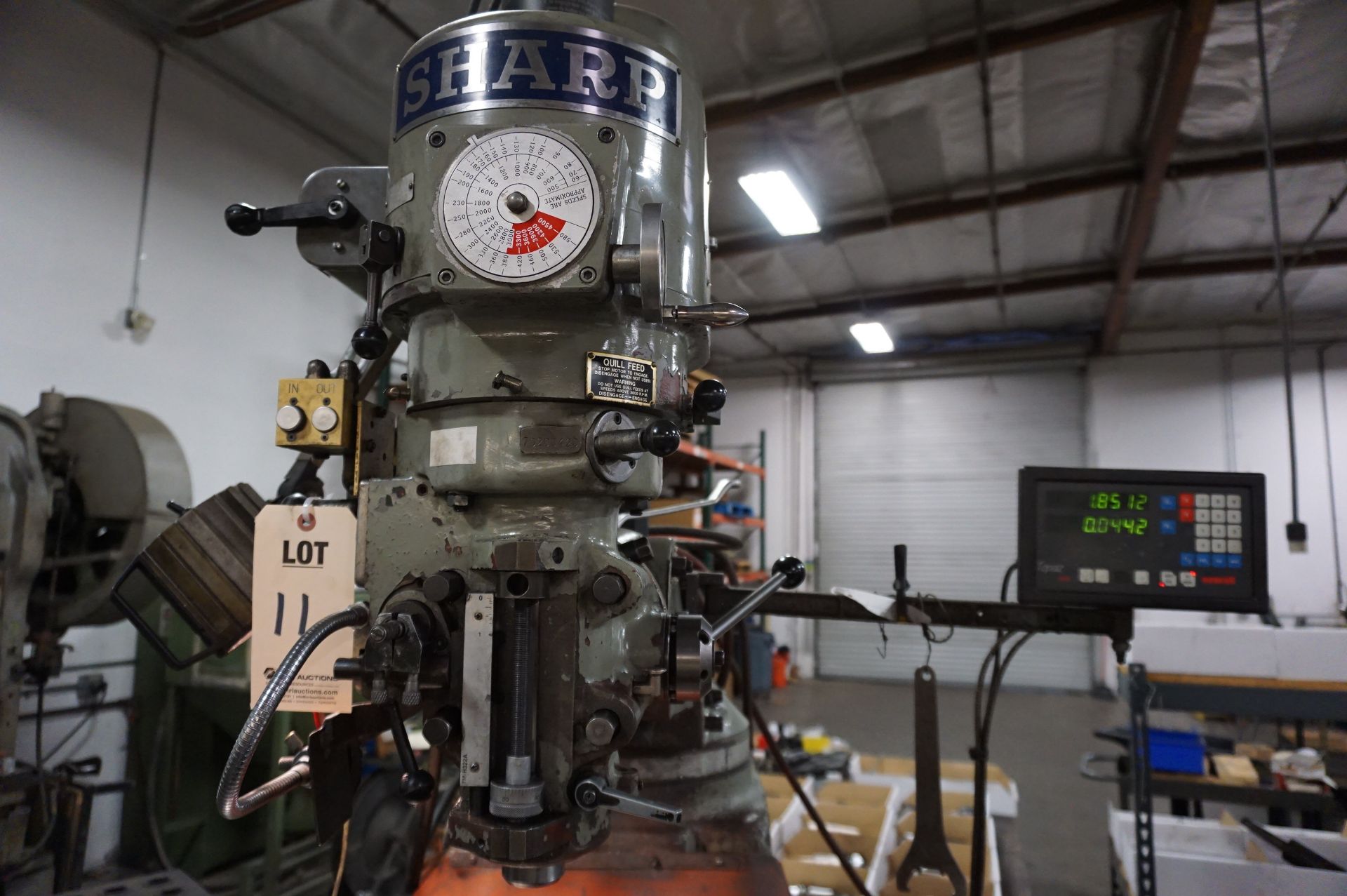 SHARP VERTICAL MILLING MACHINE, 10” x 50” Table, S/N 70200420, with Newall Topaz DRO, with Manual - Image 3 of 7