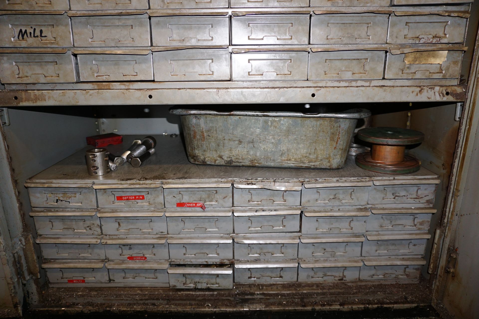 LOT TO INCLUDE: (2) STEEL SHOP CABINETS WITH MISC. HARDWARE - SHAVES, PINS, ROLLS, CLAMPS, BUS BARS, - Image 20 of 24