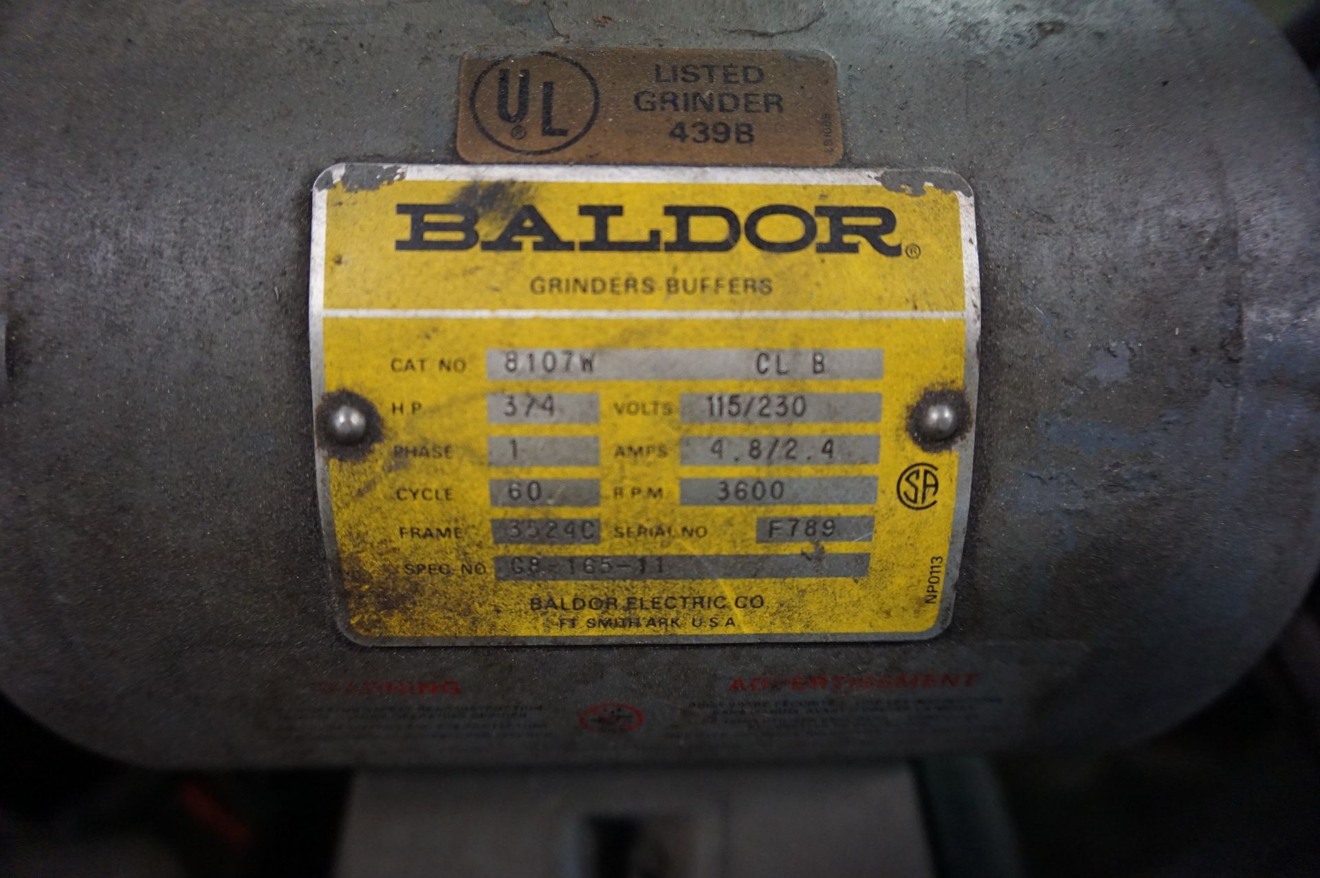 BALDOR 7" 3/4 HP PEDESTAL GRINDER, MODEL 8107W, 1/2 HP TORIT DUST COLLECTOR - Image 2 of 3