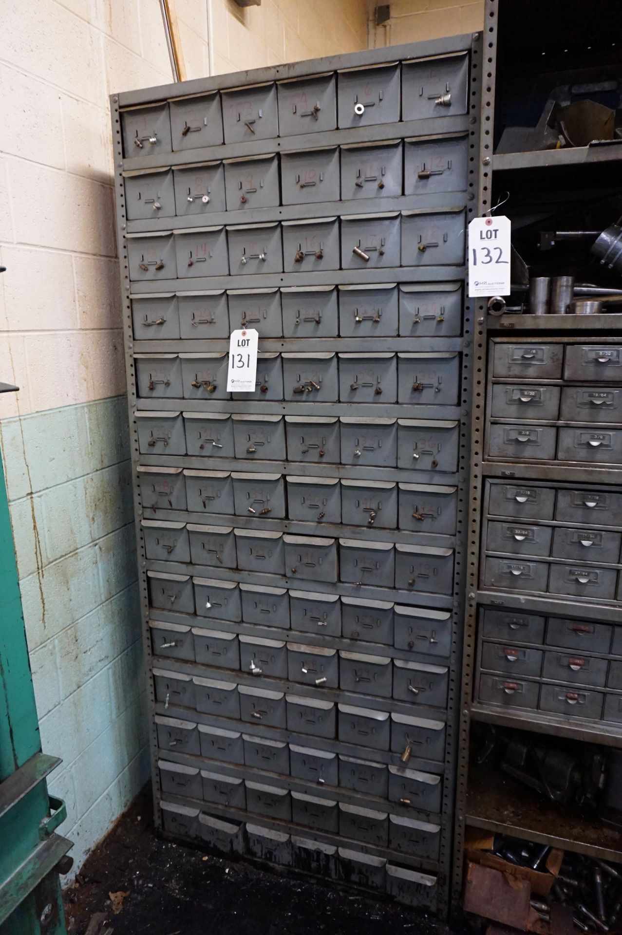 LOT TO INCLUDE: (2) STEEL SHOP CABINETS WITH MISC. HARDWARE - SHAVES, PINS, ROLLS, CLAMPS, BUS BARS,