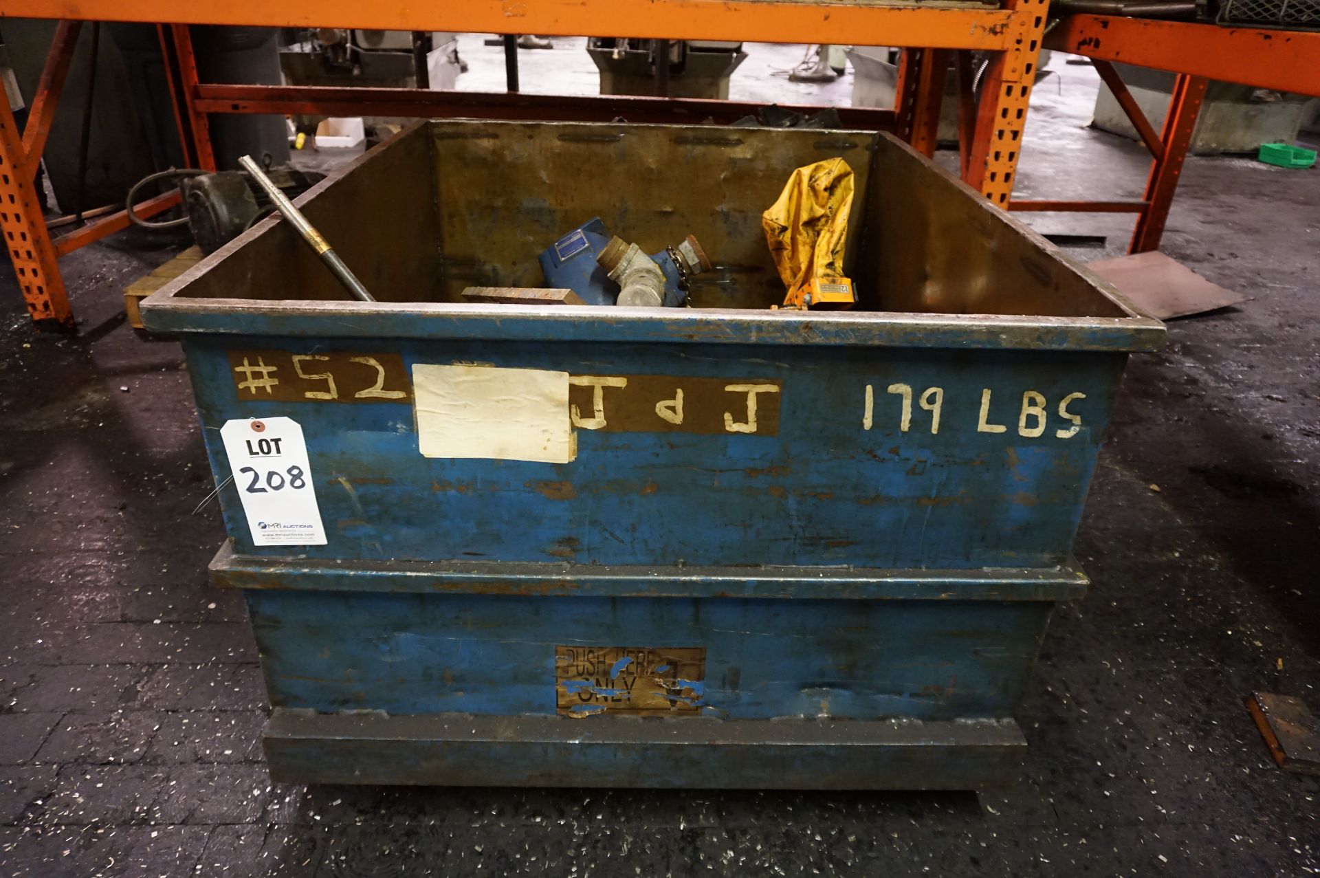 STEEL BIN WITH CONTENTS TO INCLUDE: SELF PRIMING CENTRIFUGAL PUMP S/N 1310572, MODEL 82E52-B,