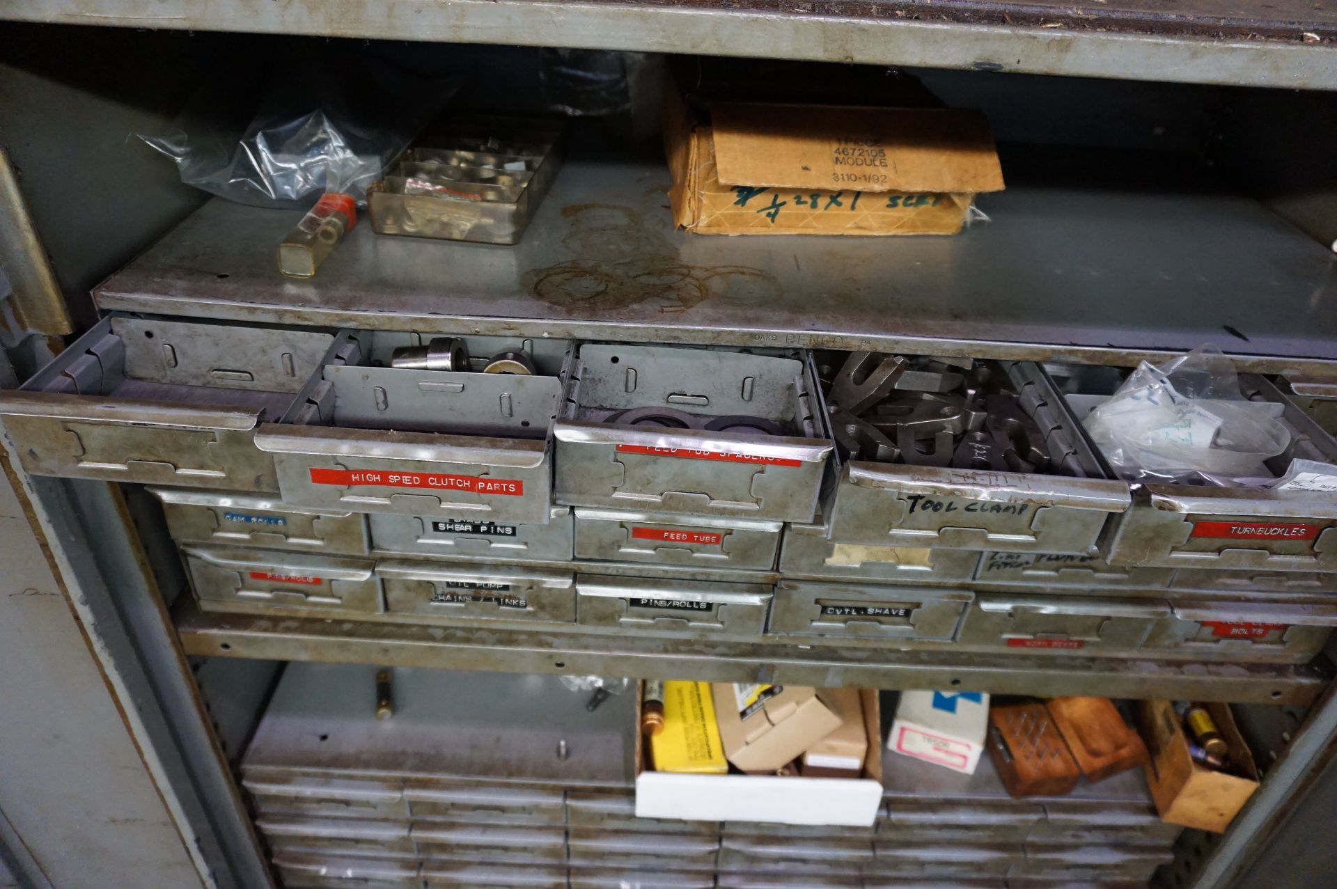 LOT TO INCLUDE: (2) STEEL SHOP CABINETS WITH MISC. HARDWARE - SHAVES, PINS, ROLLS, CLAMPS, BUS BARS, - Image 8 of 24