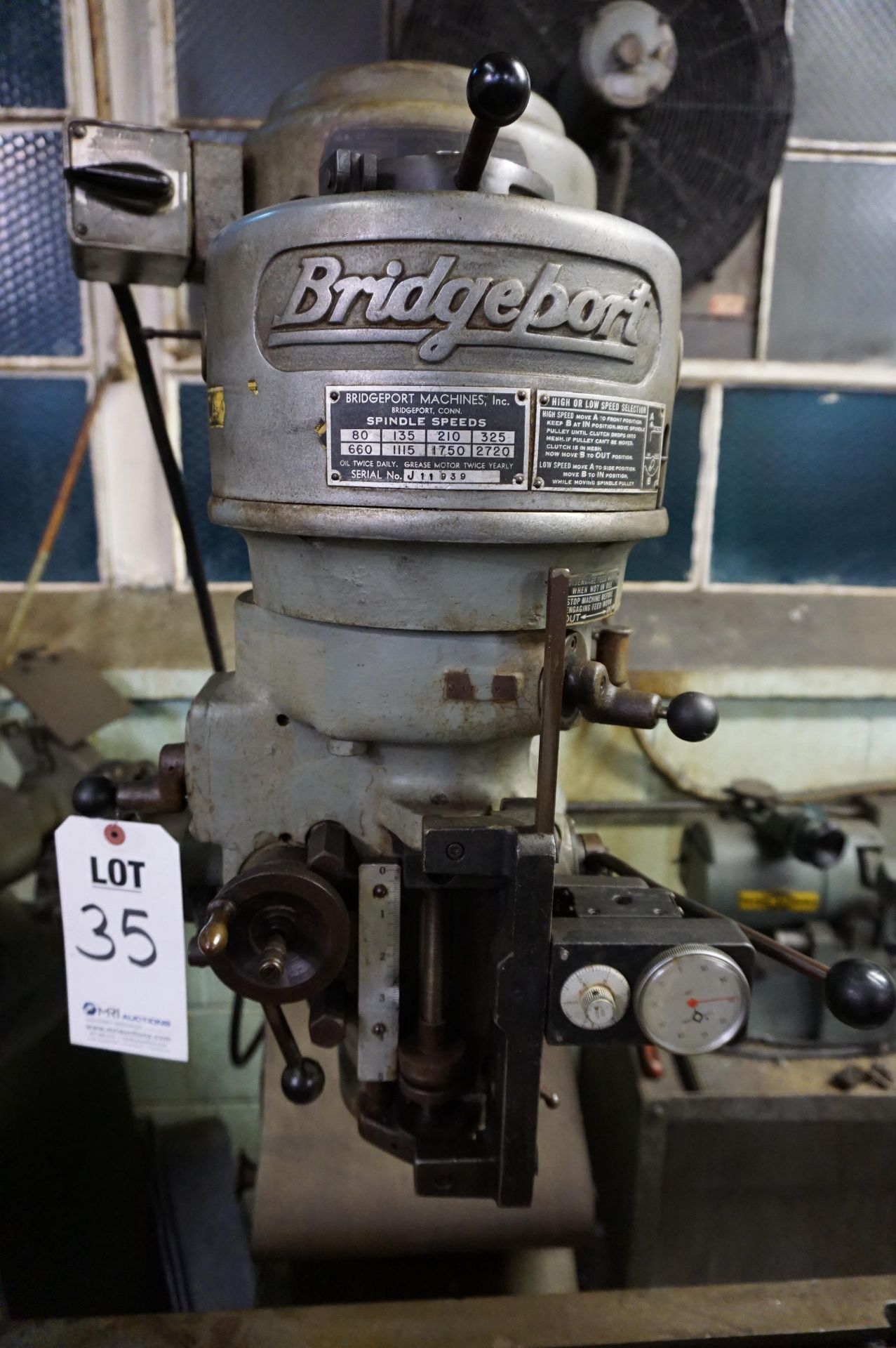BRIDGEPORT 8-SPEED VERTICAL MILLING MACHINE, 1 HP, 9” X 42” TABLE SIZE, (3) TRAV-A-DIAL GAUGES - Image 2 of 5