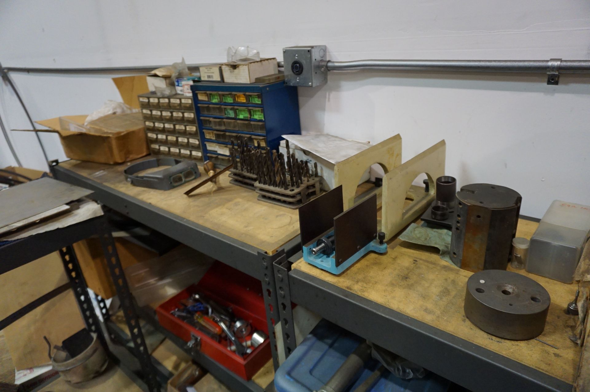 SHELVING OF GRINDING STATION WITH CONTENTS TO INCLUDE: MISC. HARDWARE, TOOLING, WELD MASKS, - Image 7 of 11