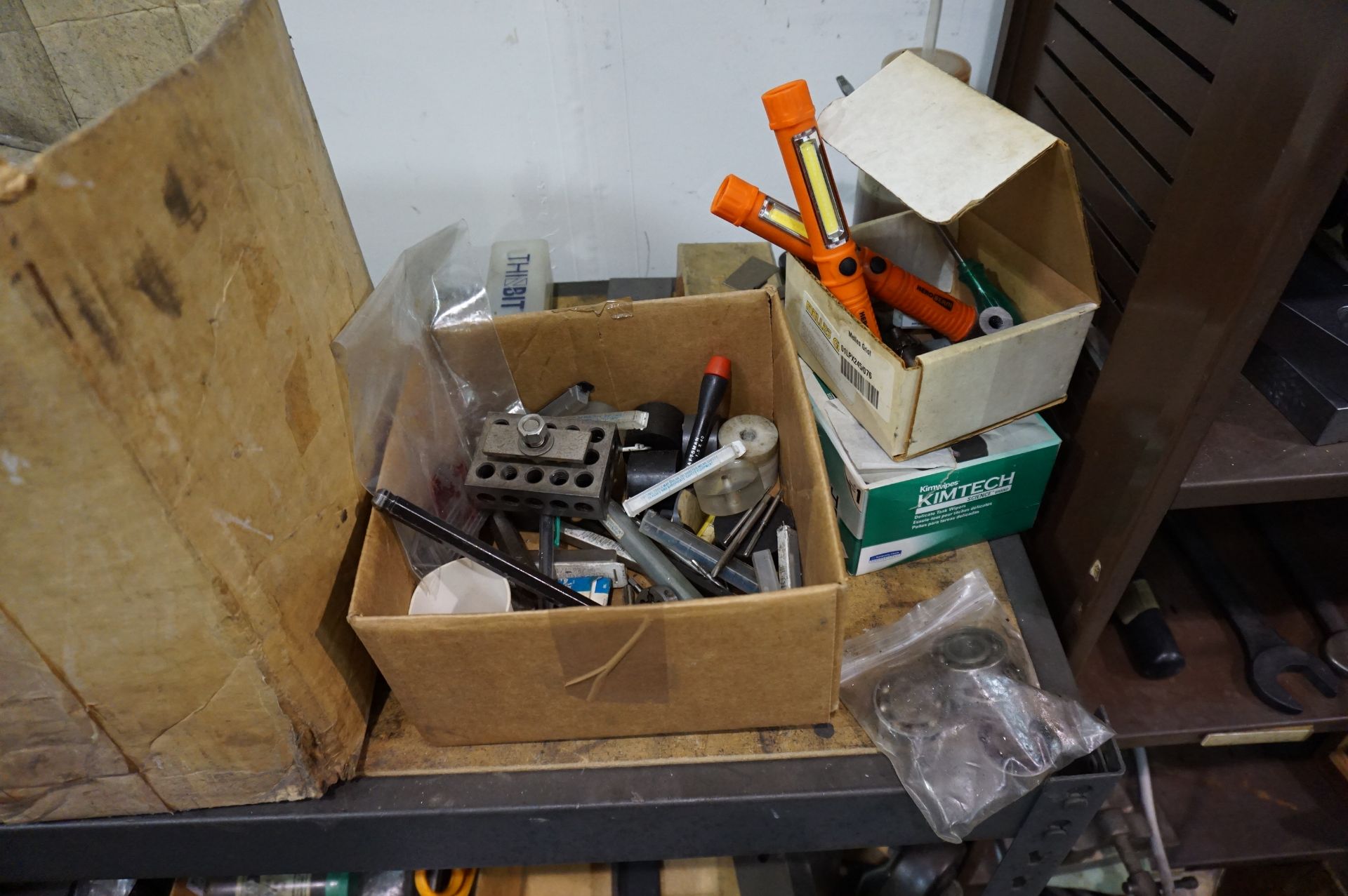 SHELVING OF GRINDING STATION WITH CONTENTS TO INCLUDE: MISC. HARDWARE, TOOLING, WELD MASKS, - Image 6 of 11