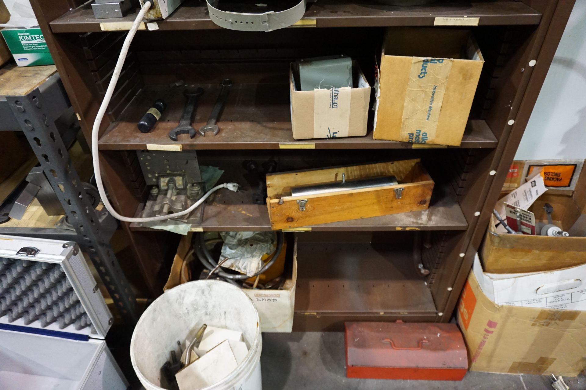 SHELVING OF GRINDING STATION WITH CONTENTS TO INCLUDE: MISC. HARDWARE, TOOLING, WELD MASKS, - Image 3 of 11