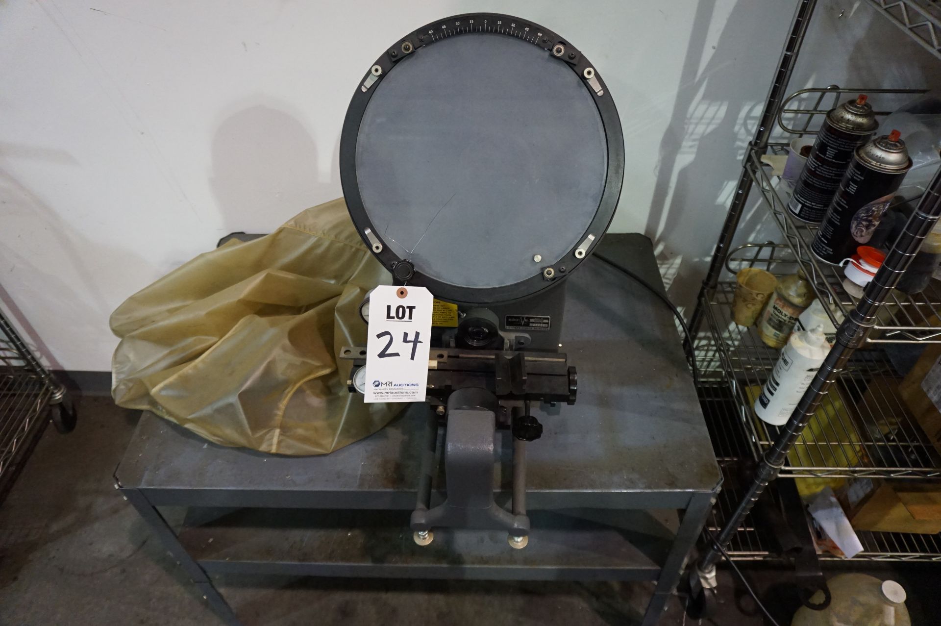 MICROVU OPTICAL COMPARATOR, MODEL 500HP, S/N 25698, WITH STARRETT AND TECLOCK DIAL GAUGES