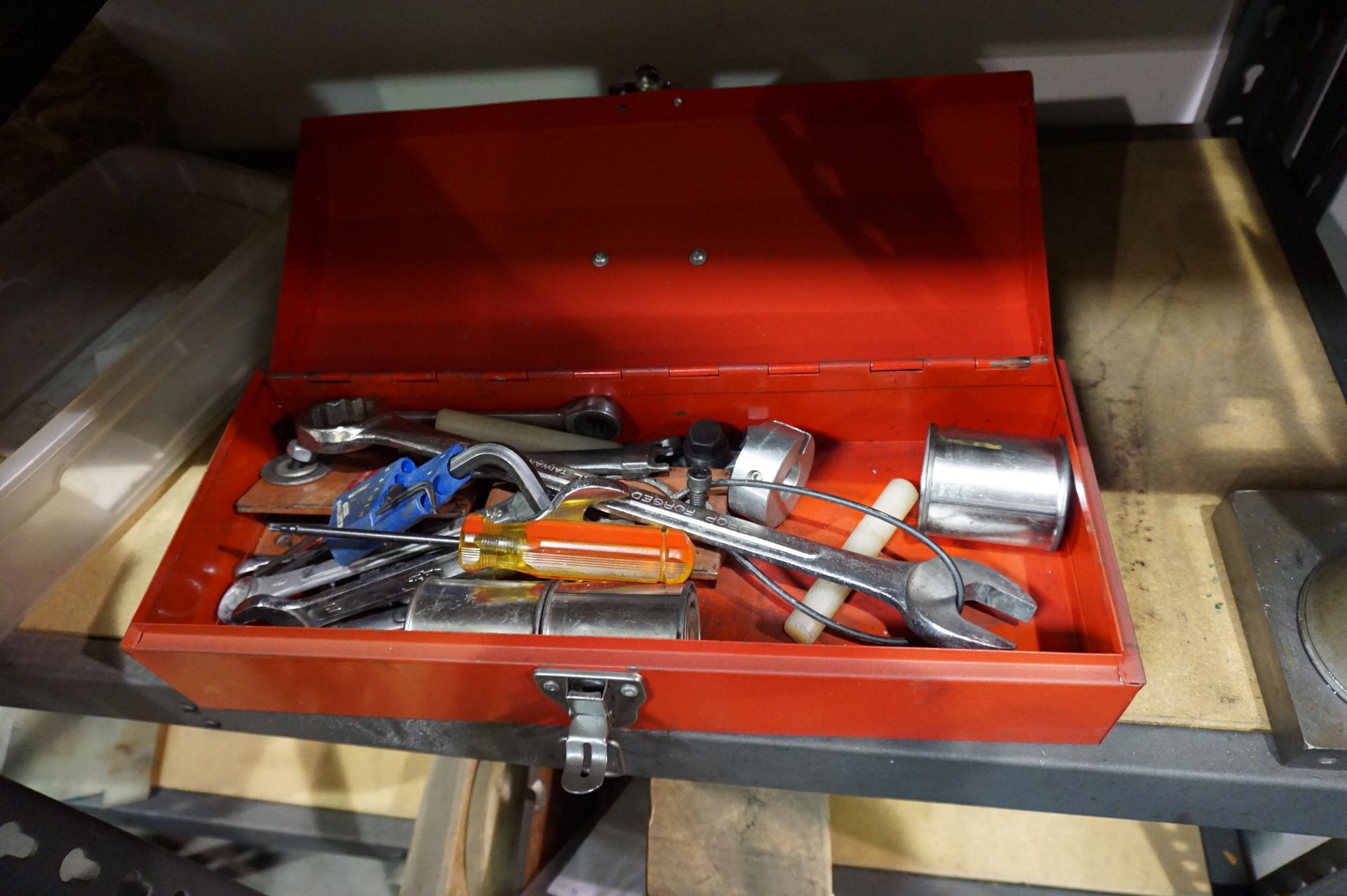 SHELVING OF GRINDING STATION WITH CONTENTS TO INCLUDE: MISC. HARDWARE, TOOLING, WELD MASKS, - Image 8 of 11