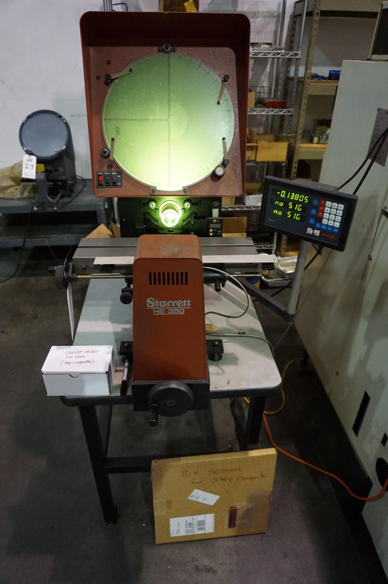 STARRETT OPTICAL COMPARATOR, MODEL HE 350, S/N 40276, NEWALL TOPAZ DRO, STARRETT 10X LENS, SPARE 10X