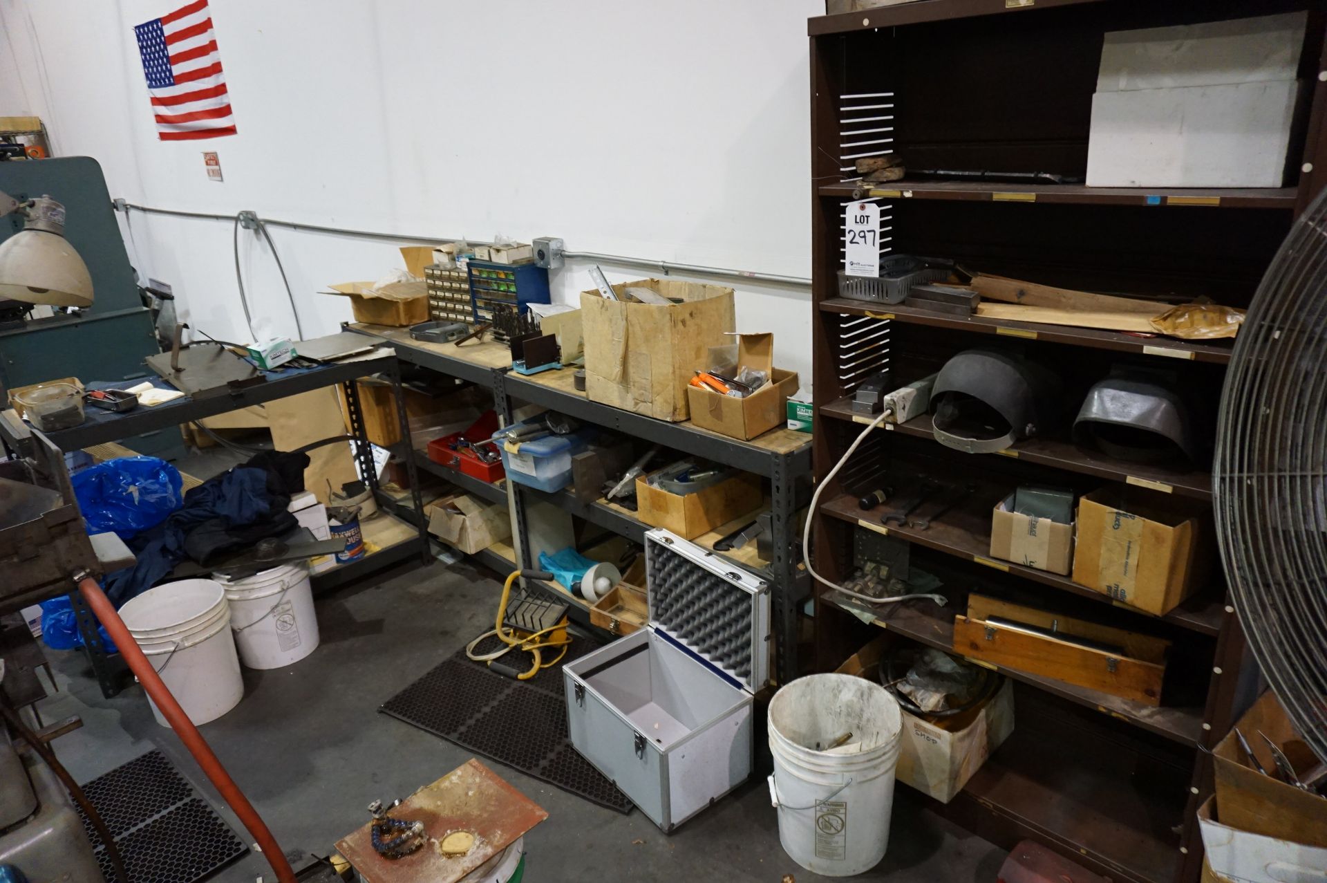 SHELVING OF GRINDING STATION WITH CONTENTS TO INCLUDE: MISC. HARDWARE, TOOLING, WELD MASKS,