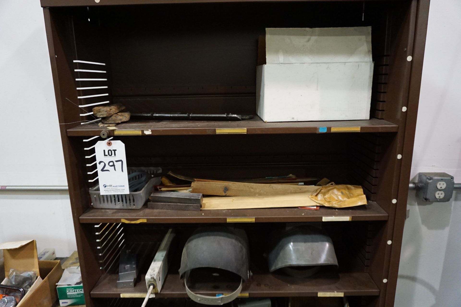 SHELVING OF GRINDING STATION WITH CONTENTS TO INCLUDE: MISC. HARDWARE, TOOLING, WELD MASKS, - Image 2 of 11