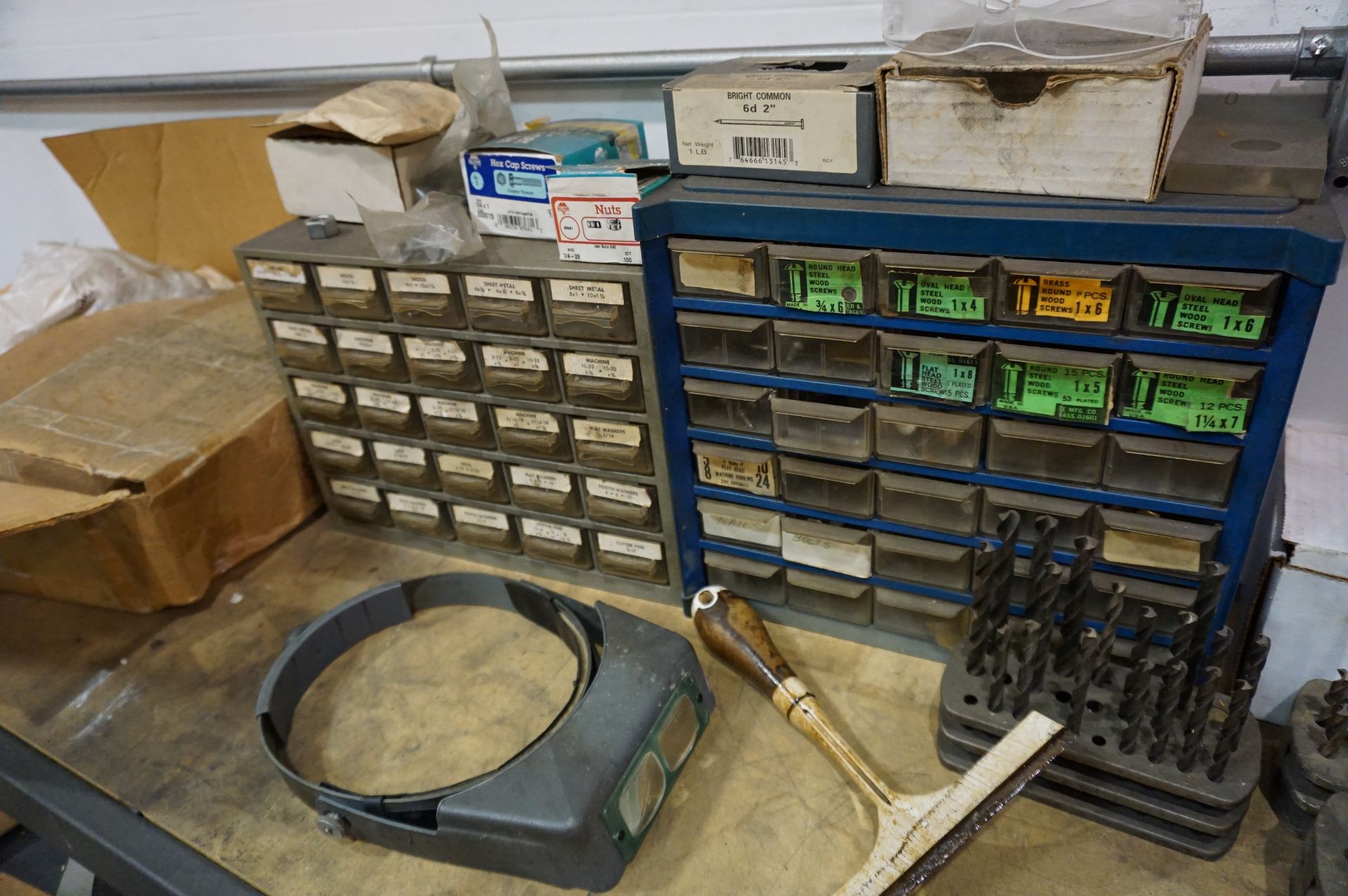 SHELVING OF GRINDING STATION WITH CONTENTS TO INCLUDE: MISC. HARDWARE, TOOLING, WELD MASKS, - Image 9 of 11