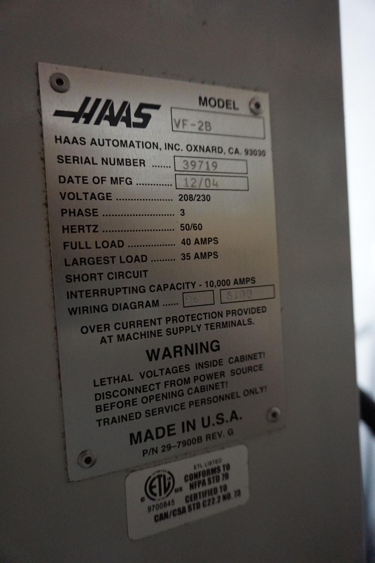 2005 HAAS VF2 VERTICAL CNC MILL, S/N 39719, 30” X 16” X 20”, WIRED FOR 4 TH AXIS, 10,000 RPM - Image 7 of 12