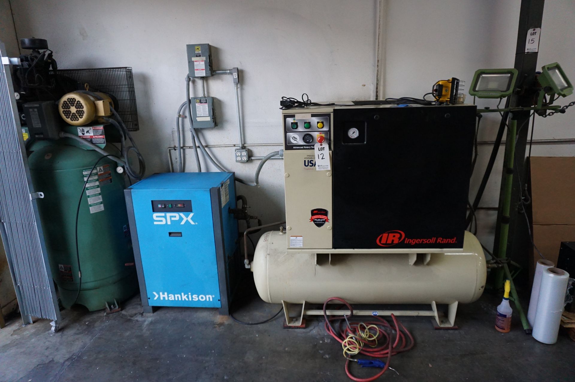 AIR COMPRESSOR AND DRYER LOT OT INCLUDE: (1) INGERSOLL RAND 80 GALLON AIR COMPRESSOR, MODEL UP6-10-