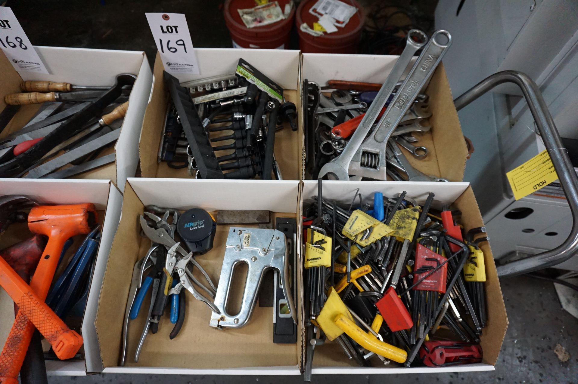 (4 BOXES) LOT TO INCLUDE: MISC. WRENCHES, CRESCENT WRENCHES, ALAN WRENCHES, PLIERS, LEVELS, TORQUE - Image 2 of 6