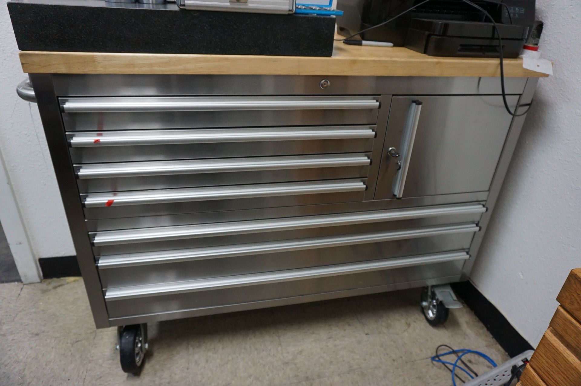 TOOL ORGANIZER LOT TO INCLUDE: (1) 7 DRAWER ROLLING STAINLESS STEEL SHOP CART WITH WOOD TOP, (1)