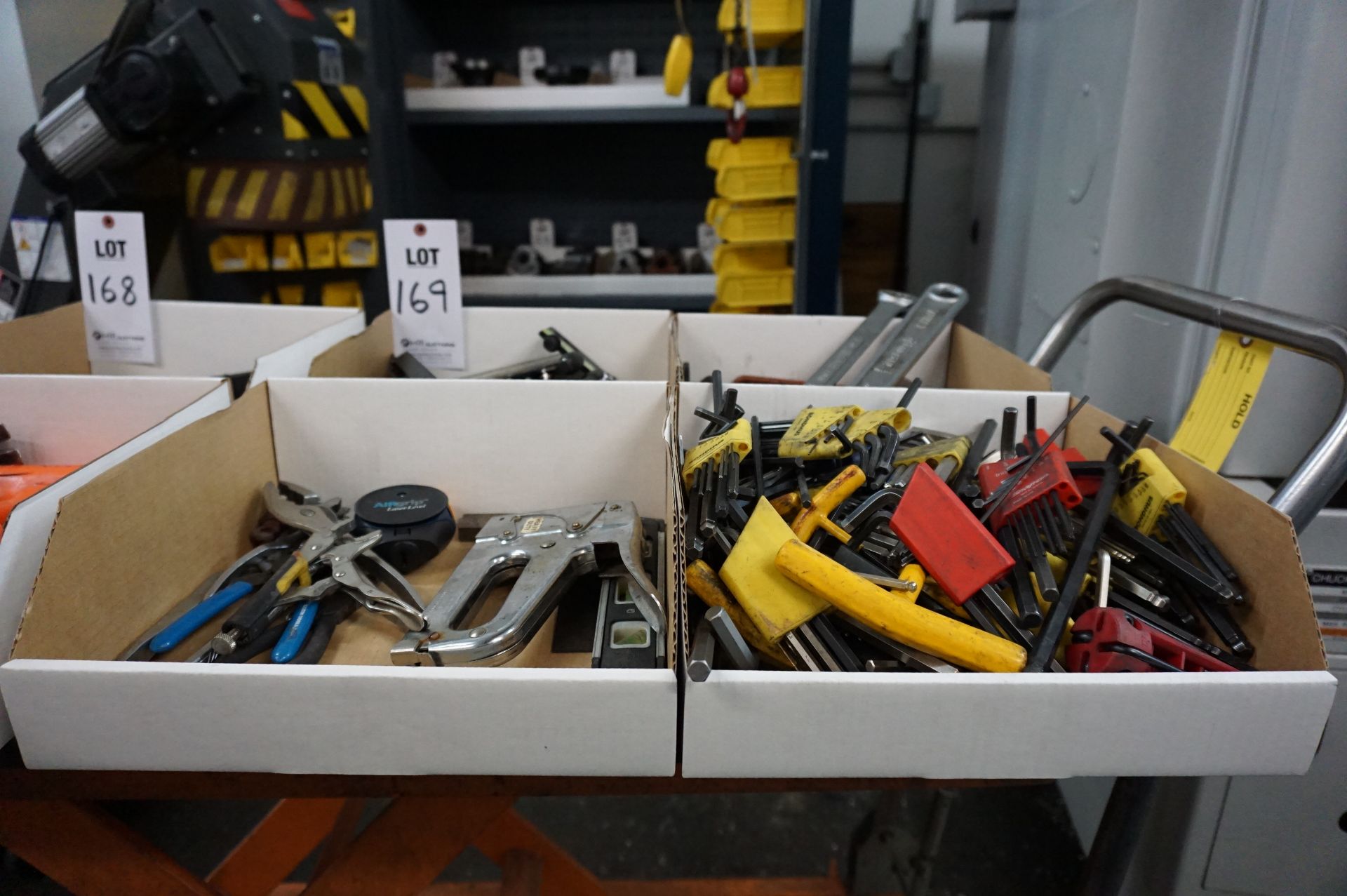 (4 BOXES) LOT TO INCLUDE: MISC. WRENCHES, CRESCENT WRENCHES, ALAN WRENCHES, PLIERS, LEVELS, TORQUE