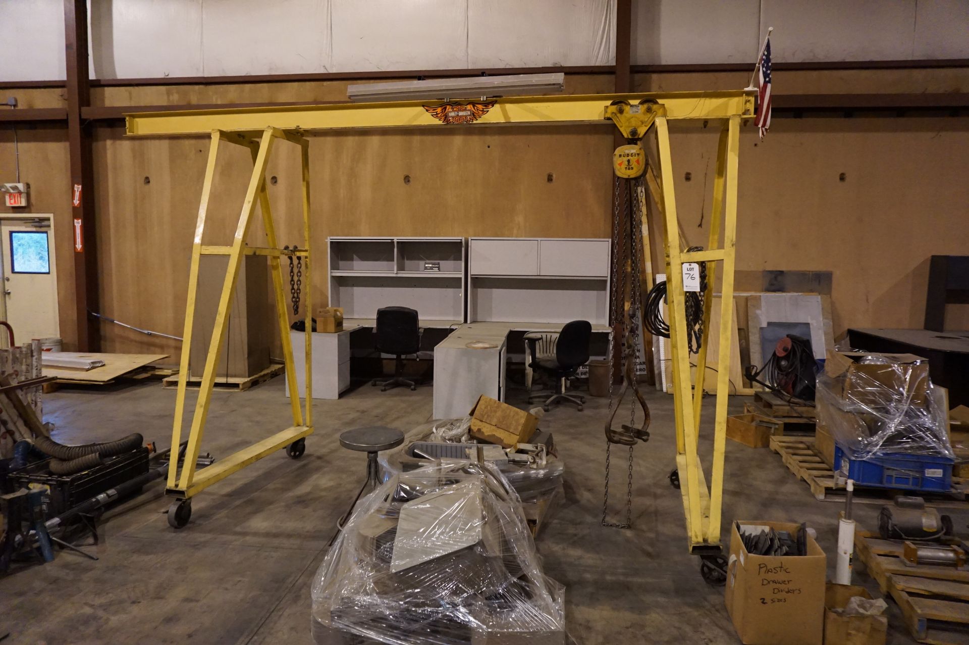 GANTRY CRANE WITH BUDGIT 1 TON HOIST, WITH RIGGING ATTACHMENTS, CHAINS, AND STRAPS