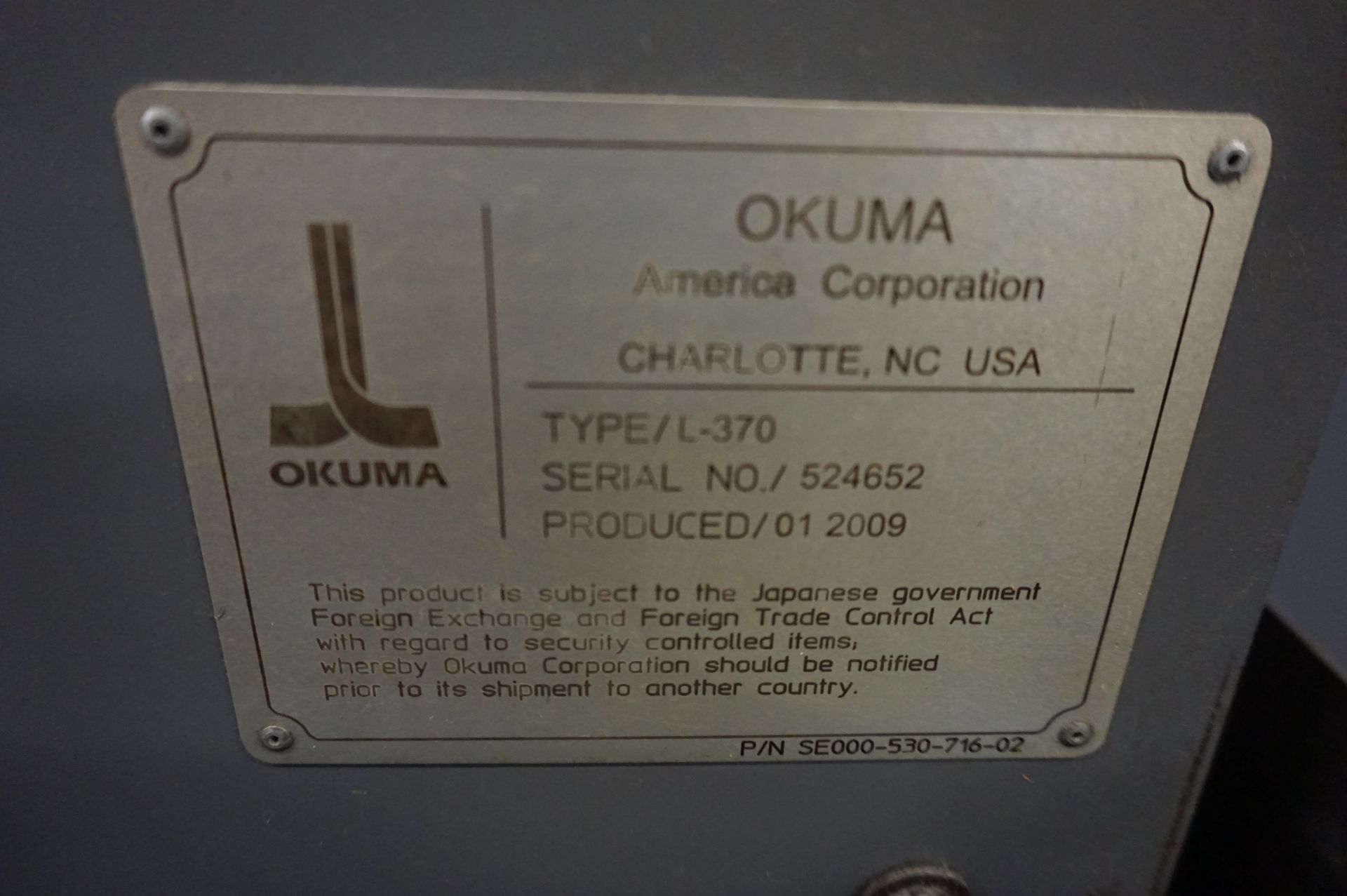 2009 OKUMA CAPTAIN L370M CNC LATHE, S/N 524652, 220/480 V, 3 PHASE, 60 HZ, OKUMA OSP-P200L - Image 10 of 13