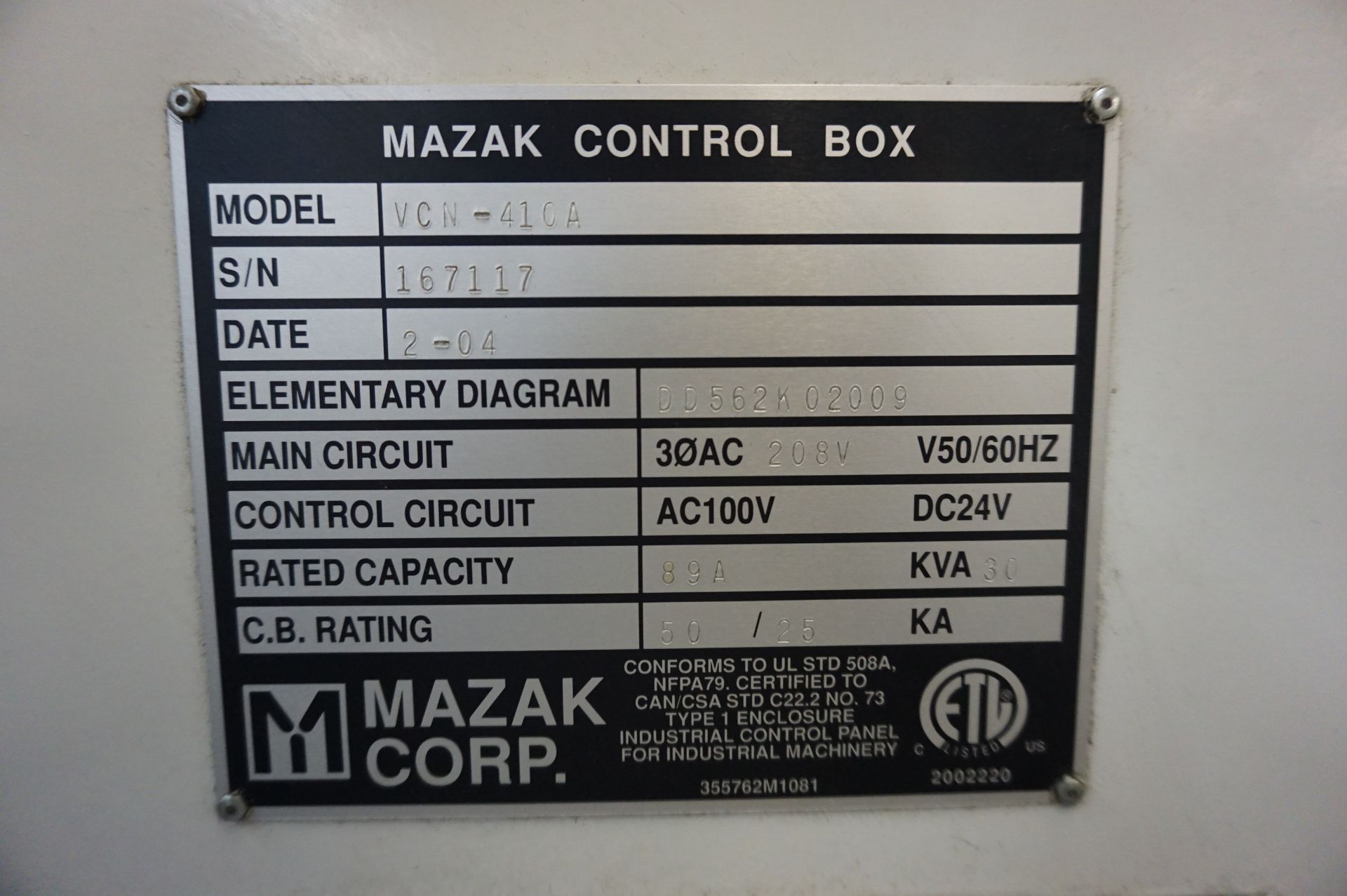 2004 MAZAK NEXUS 410A CNC VERTICAL MACHINING CENTER, 20" X 20" X 20" TABLE, MODEL VCN-410A, S/N - Image 7 of 10