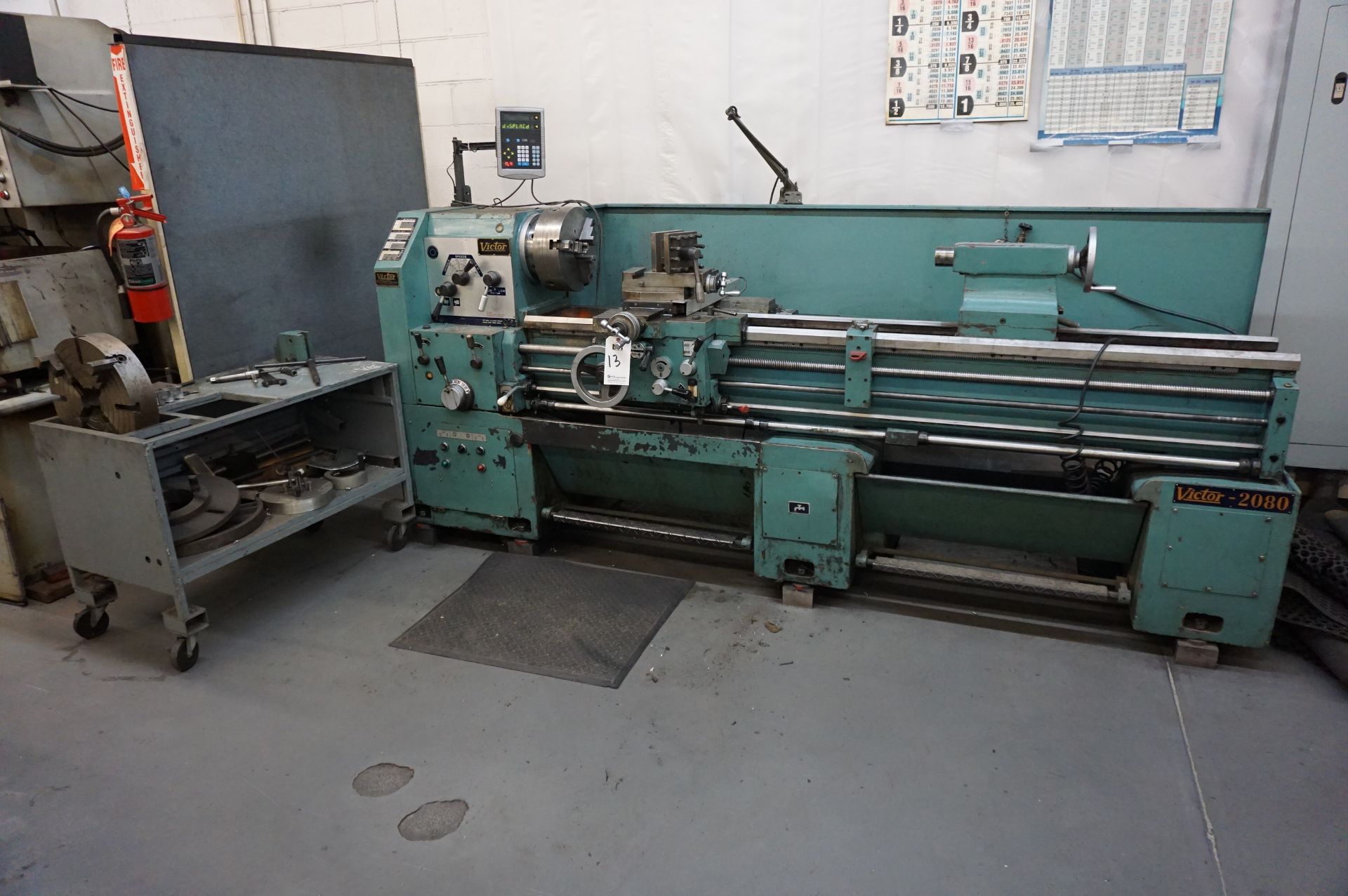 VICTOR 2080 ENGINE LATHE, S/N 710344, 10 HP, 220 V, CYCLES 60, 3 PHASE, CART WITH MANUALS, CHUCKS,