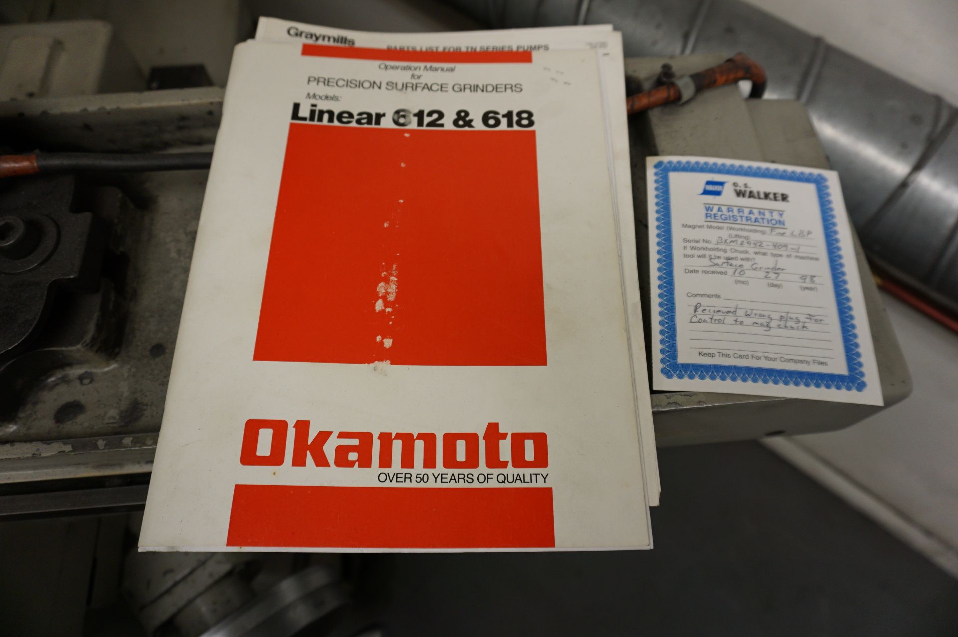 OKAMOTO 6" X 12" MANUAL SURFACE GRINDER MODEL PFG-618, S/N 8499U, WALKER ELECTROMAGNETIC FINE POLE - Image 7 of 7