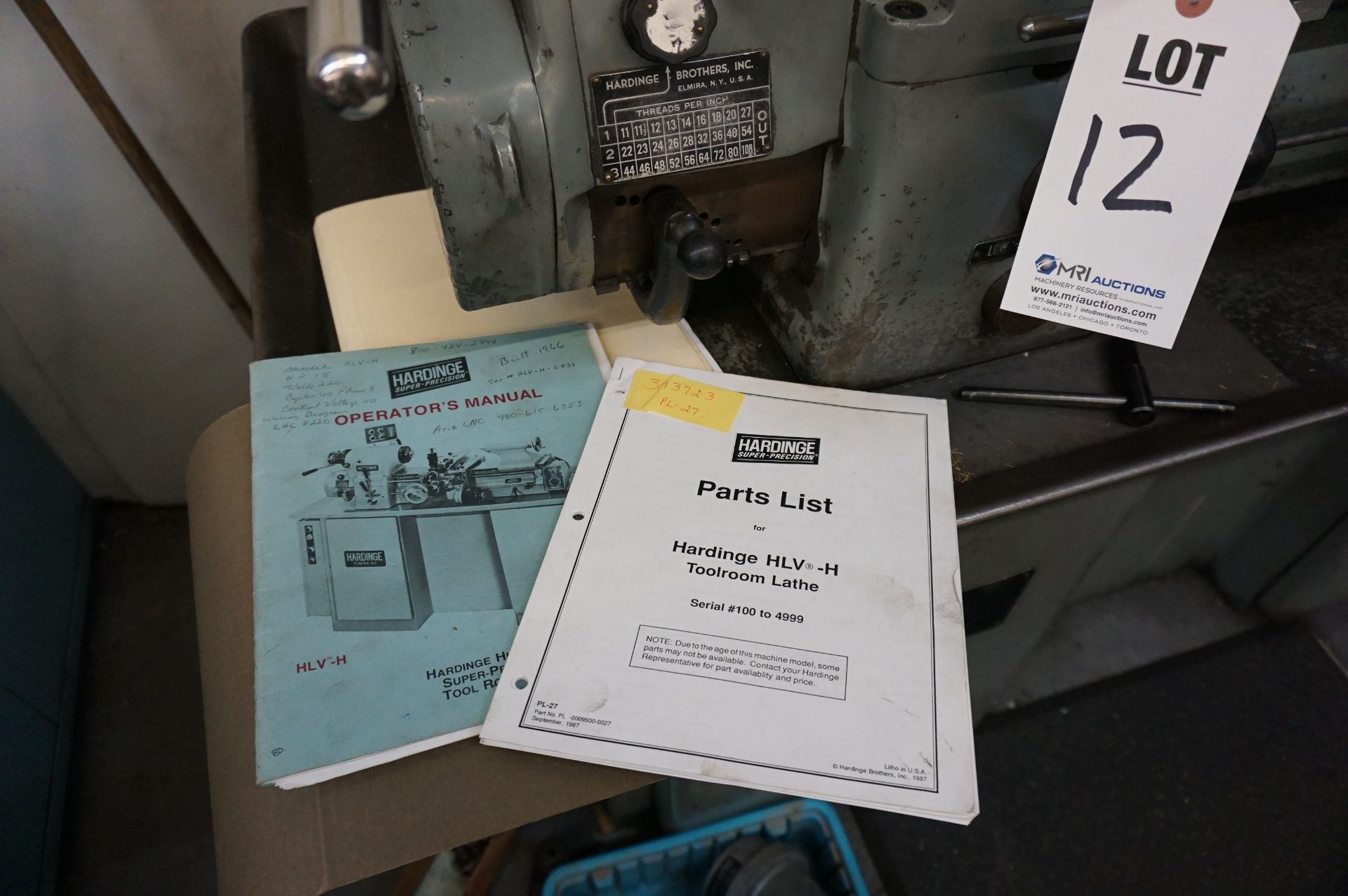 HARDINGE TOOL ROOM LATHE, MODEL HLV-H, HP 1.5, 220 V, CYCLES 60, 3 PHASE, DOVETAIL BED, WITH MANUALS - Image 8 of 9