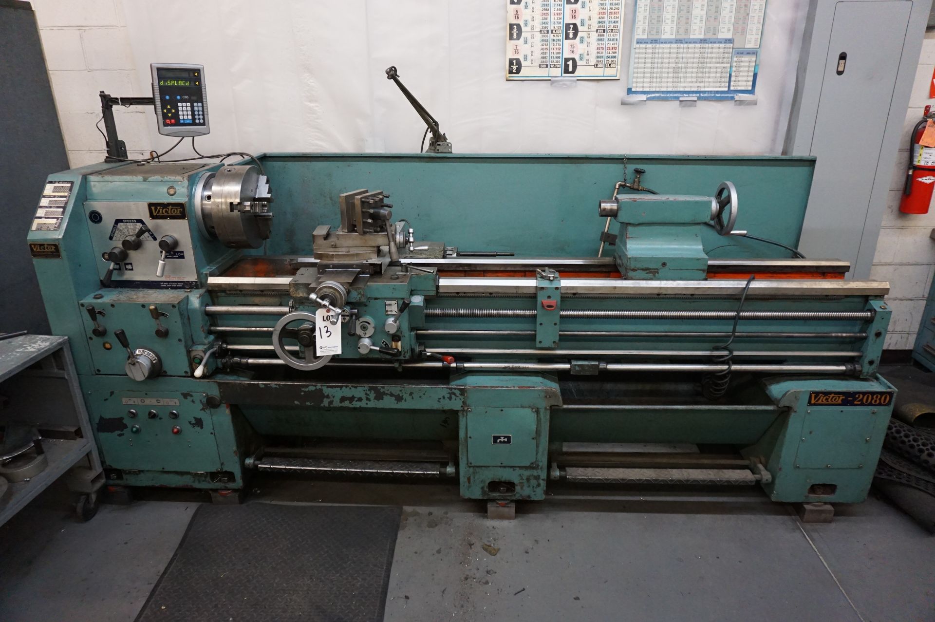 VICTOR 2080 ENGINE LATHE, S/N 710344, 10 HP, 220 V, CYCLES 60, 3 PHASE, CART WITH MANUALS, CHUCKS, - Image 2 of 10