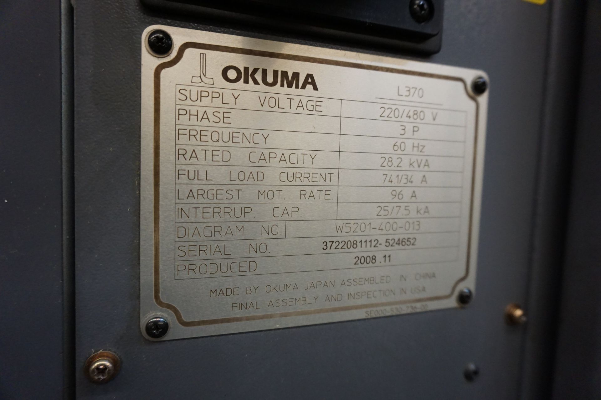 2009 OKUMA CAPTAIN L370M CNC LATHE, S/N 524652, 220/480 V, 3 PHASE, 60 HZ, OKUMA OSP-P200L - Image 9 of 13