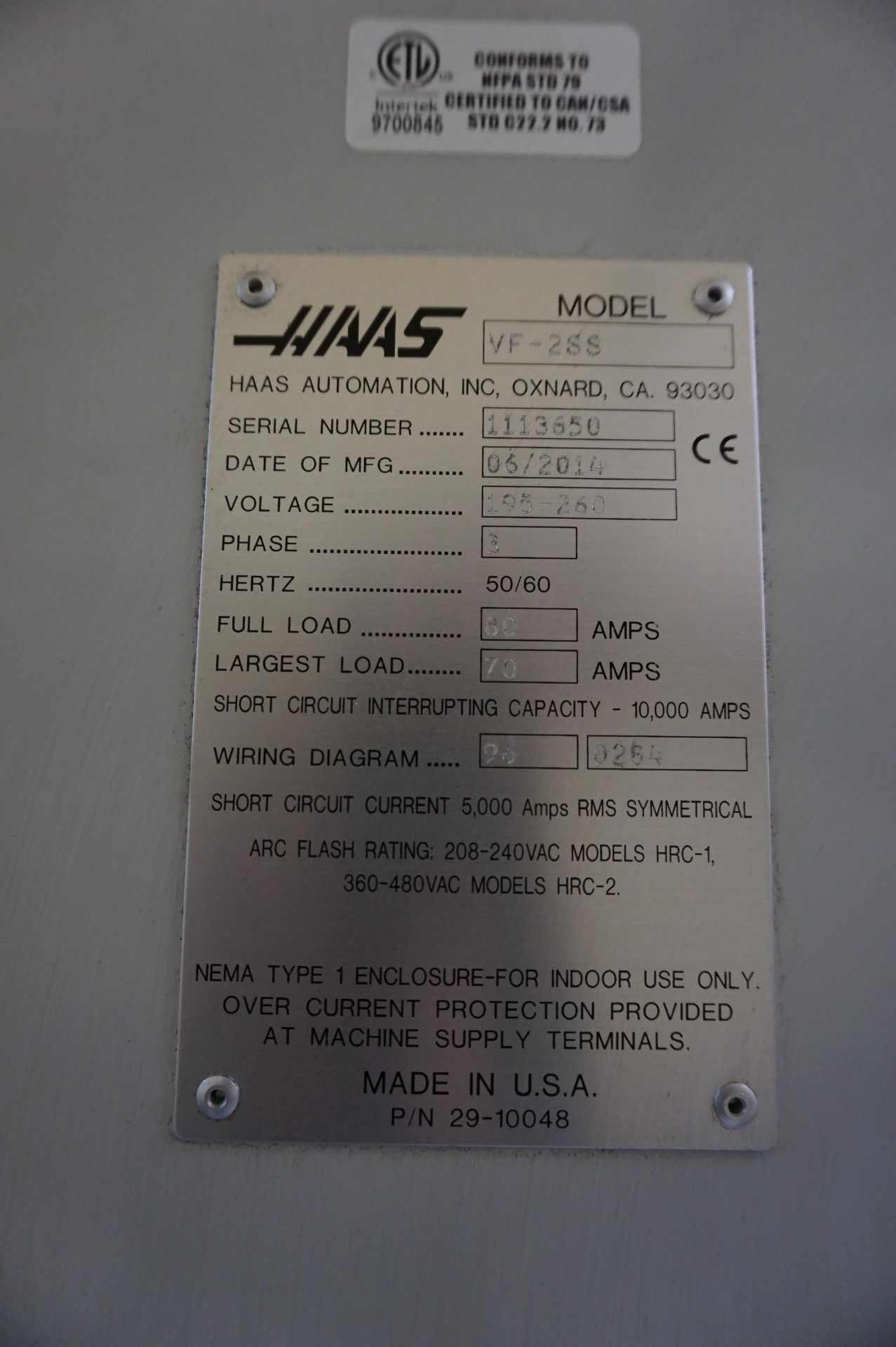 2014 HAAS VF-2SS CNC VERTICAL MACHINING CENTER, S/N 1113650, MFG. 06/2014, 30 HP 12,000 RPM - Image 12 of 12