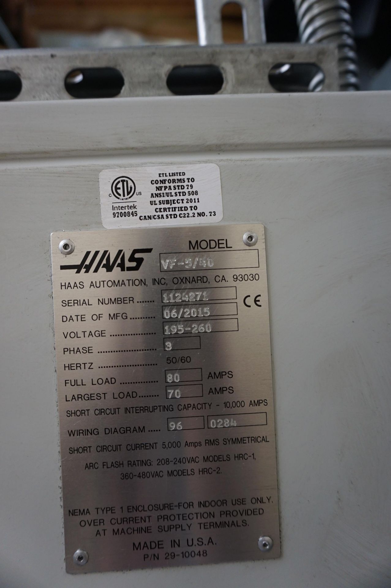 2015 HAAS VF-5/40 CNC VERTICAL MACHINING CENTER, S/N 1124271, MFG. 06/2015, HAAS CONTROL, 30 HP 8100 - Image 12 of 12