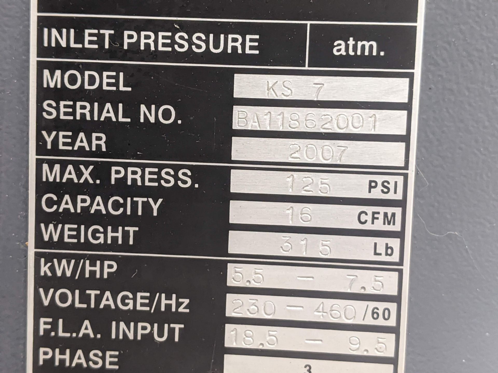 CURTIS KS7 AIR COMPRESSOR 7.5 hp - Image 2 of 5